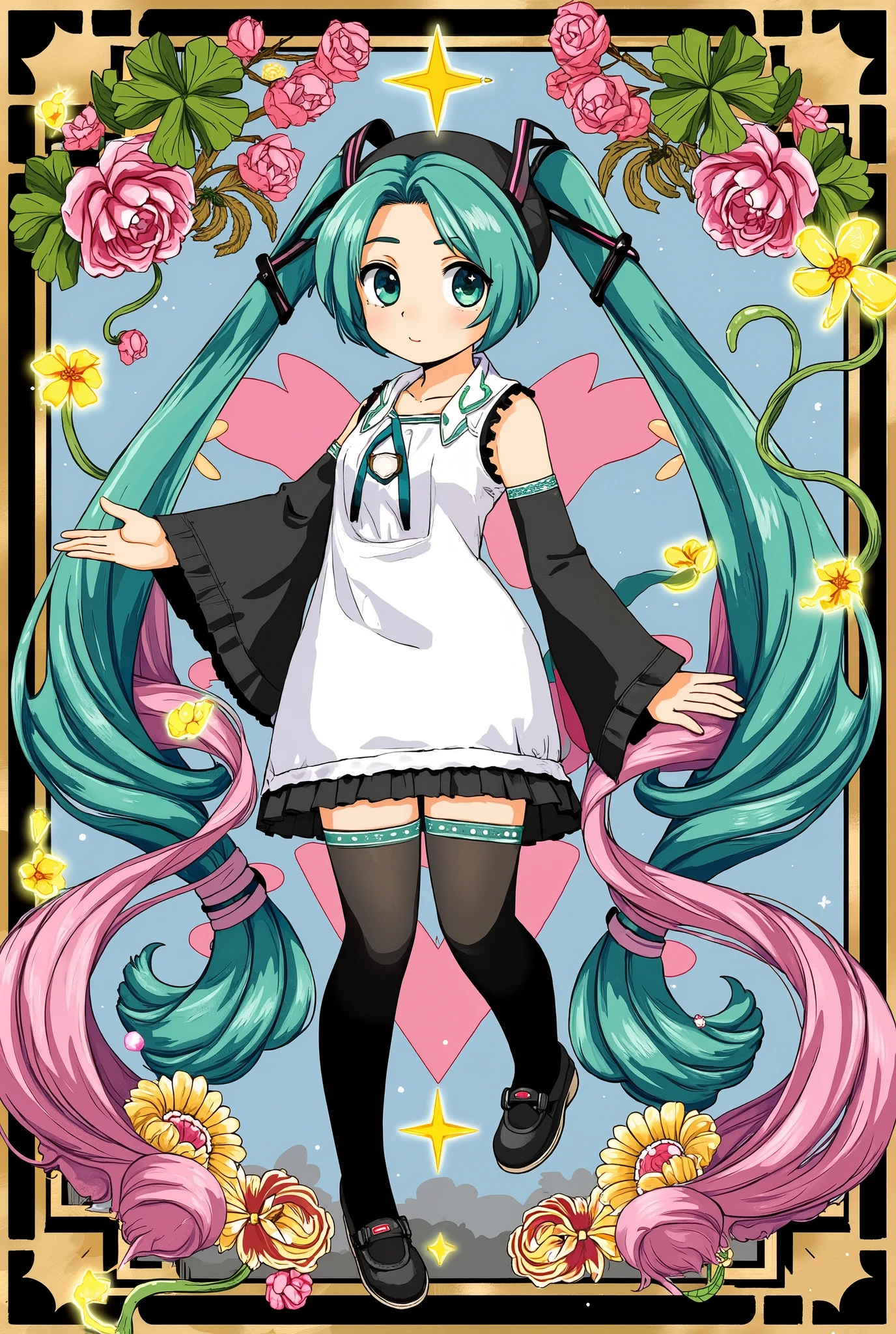 (Masterpiece、 best quality 、 best quality 、 Official Art、 beautiful and beautiful :1.2)、(一人の girl :1.3) Hatsune Miku 、 twin tails, beautiful breasts, Adorable woman with Takashi Murakami style , 1 girl , adorable_ girl ,Clover, flash ,flower, petals, pile of fallen leaves ,square star , cross star, simple background,