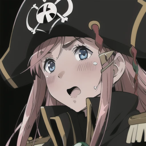 masterpiece, best quality, 1girl, detailed face and eyes, big breasts, Katou Marika, (black pirate costume), (black pirate hat), aroused facial expression, cloaed mouth, closed eyes, blush, sweat, close-up, (simple dark background)
