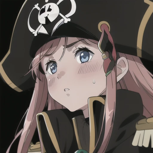 masterpiece, best quality, 1girl, detailed face and eyes, big breasts, Katou Marika, (black pirate costume), (black pirate hat), aroused facial expression, closed mouth, blush, close-up