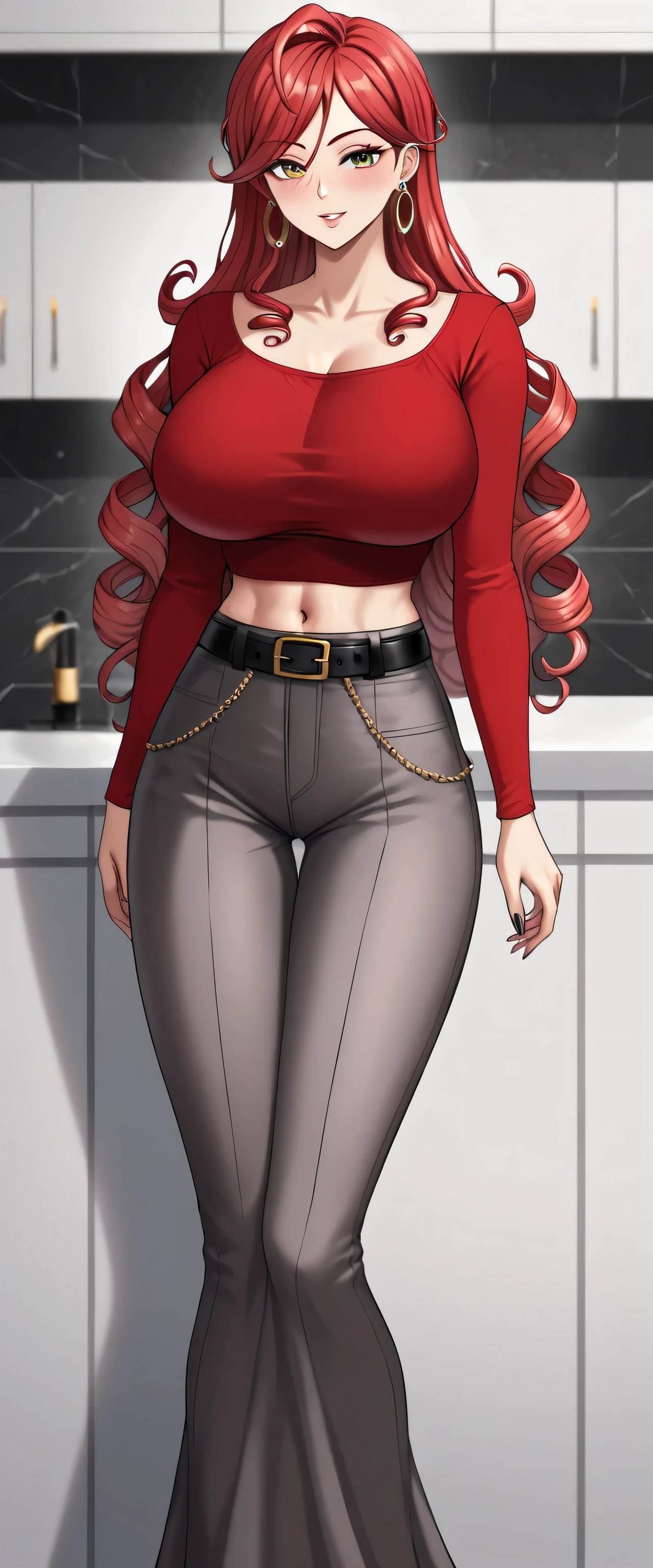 A beautiful woman big breasted Bella sexy sexy sexy red hair wavy shiny curly long straight her eye light red long eyelash dresses red top blouse long sleeve cold shows navel and dark gray pants black belt black heel gold ear earring
