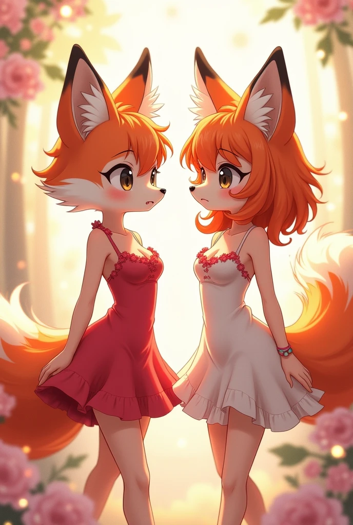 best quality,best resolution,(fluffy anthro furry :1.6),(young :1.6),2 girls,french kissing,lesbians,red hair fox girl,yellow hair white fur fox girl, long hair,wavy hair,messy hair,small breasts,nipples erection,soak white dress,tight,see through,transparent,raffles,soak hair,water dripping on legs,glistering water detailed,sun beam,water reflex sun light,sparkle water detailed,beautiful river view,beautiful forest,flowers surrounded,camel toe very obivious,flower hairpin,looking at viewer,full face blush,passionated face,hair waving in the wind,wind blow effect,flower petals floating in the wind,upper body only,close up