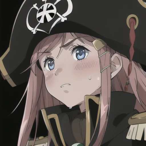 masterpiece, best quality, 1girl, detailed face and eyes, big breasts, cleavage, Katou Marika, close-up, (black pirate costume), (black pirate hat), looking at the viewer, aroused facial expression, blush, sweat,   (simple dark background), view from below