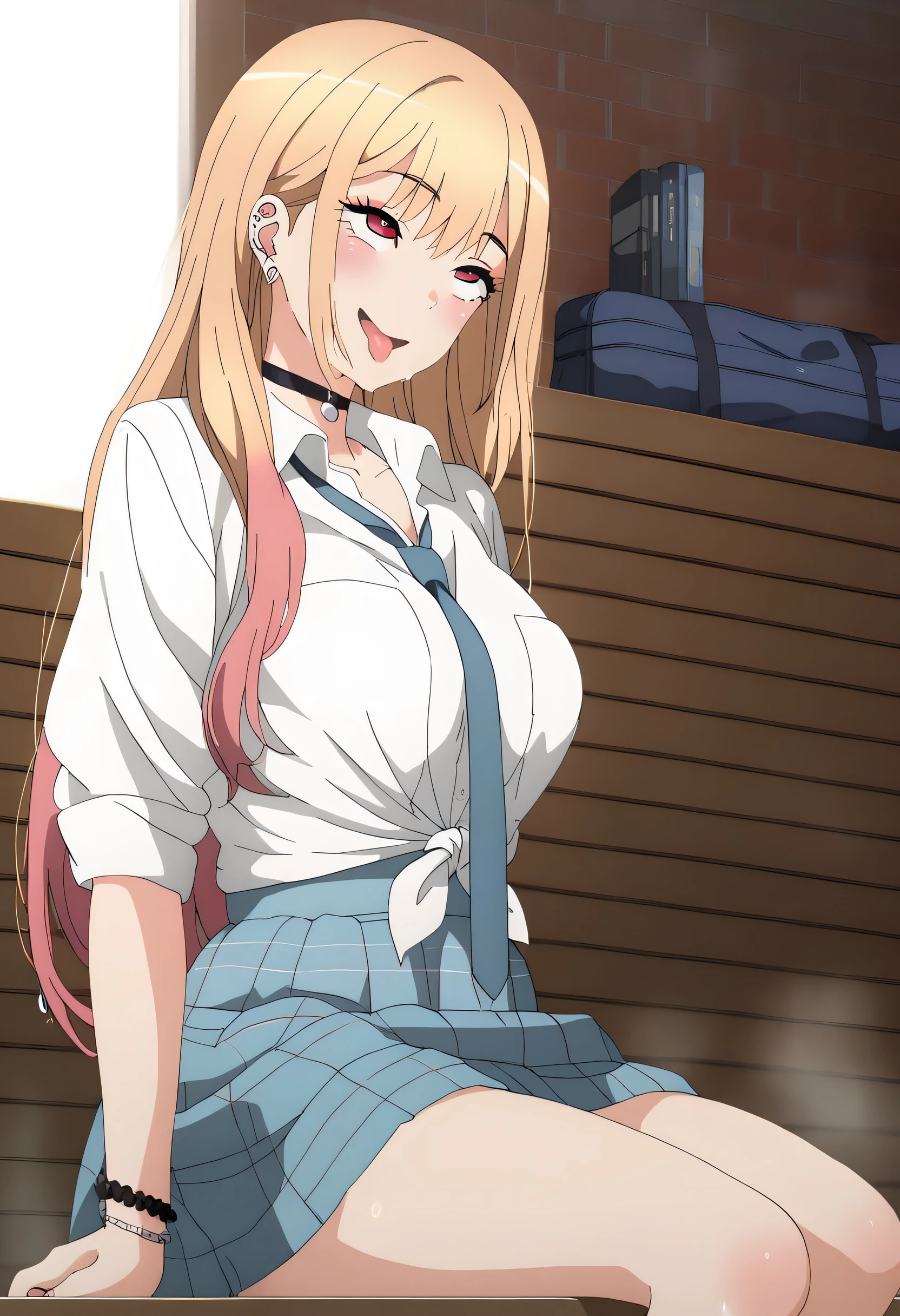 Kitagawa Marin,1girl, blonde hair, long hair, multicolored hair, red eyes, jewelry, earrings, piercing, , white shirt, tied shirt, black choker, plaid skirt, blue necktie, smile, ahegao, large breast, pink bra, sitting, skirt lift, pink panty, bodily fluids, soaking wet