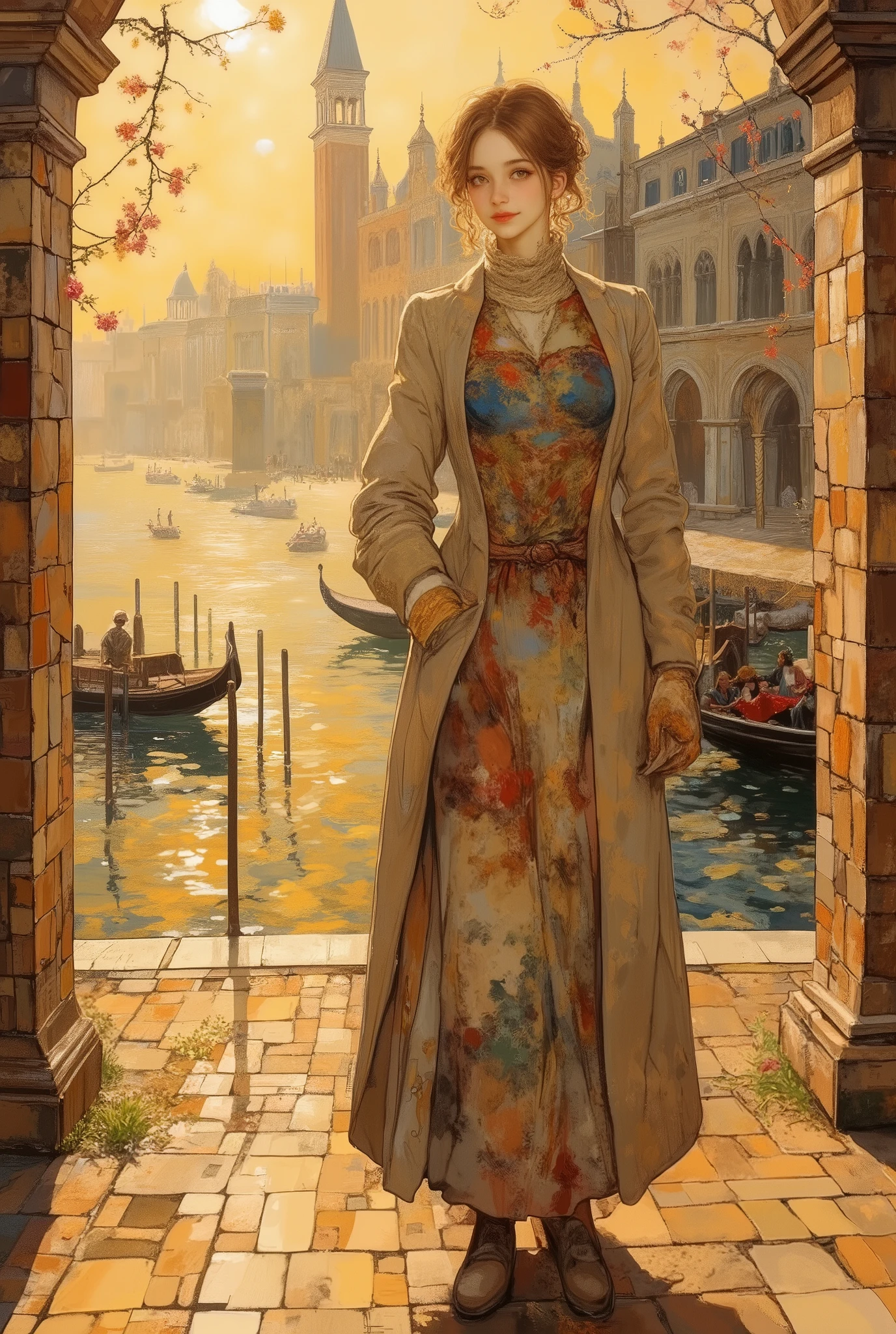 (8k, top quality, Masterpiece , Final Fantasy Style: 1.2),Impressionist paintings, landscape paintings, pointillism, paintings influenced by Seurat, Venice in early spring, St. Mark's Square, canal, gondola, Venice in fog, thick morning mist, quiet dawn, twilight canal, soft morning sun, beautiful woman in long skirt and long coat smiling with morning sun on her face, (full body close up:1.4)