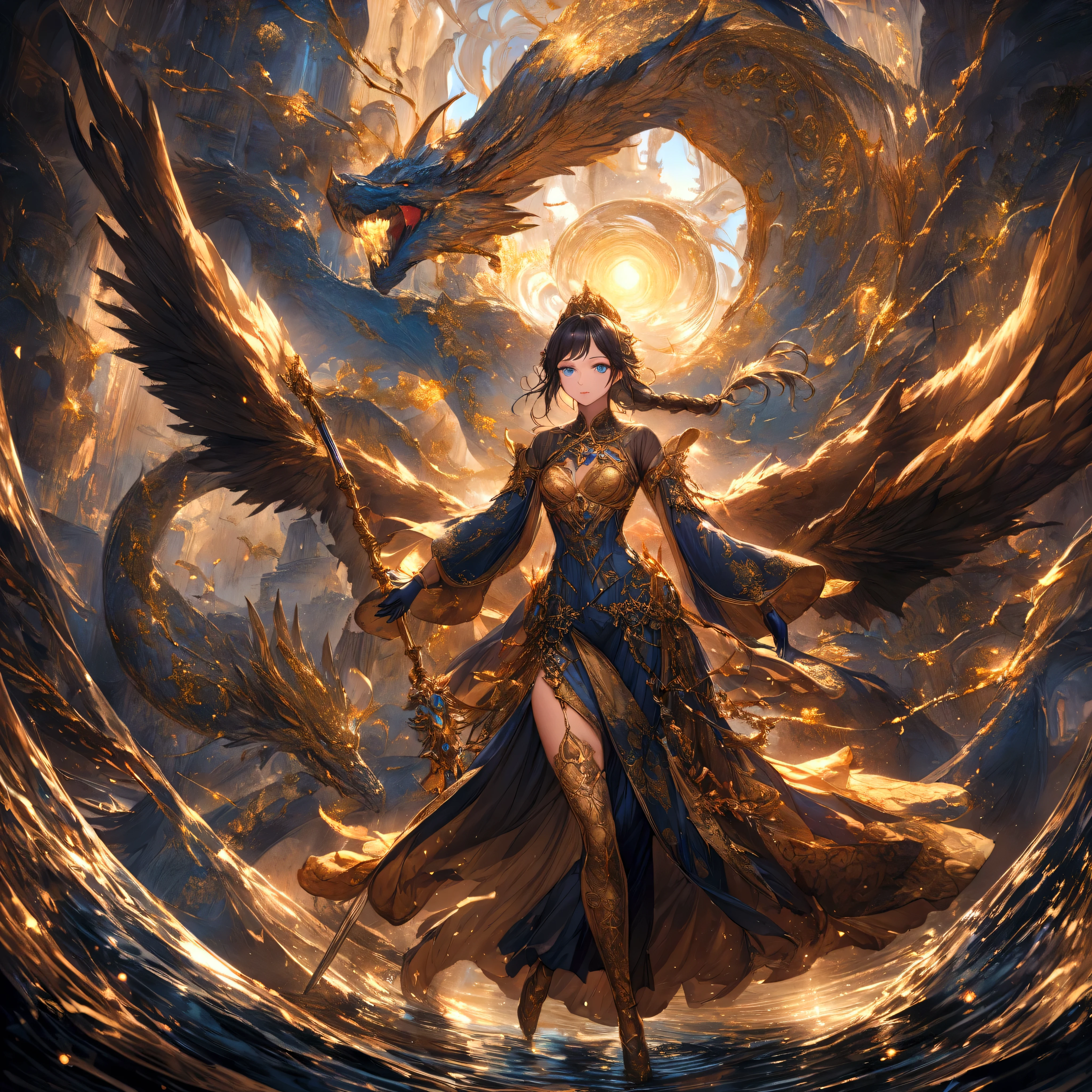 official art, unity 8k wallpaper, ultra detailed, beautiful and aesthetic, High quality, beautiful, masterpiece, best quality, (zentangle, mandala, tangle, a girl riding her giant dragon above a magical city