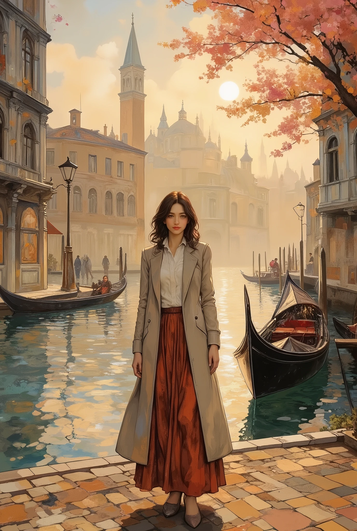 (8k, top quality, Masterpiece , Final Fantasy Style: 1.2),Impressionist paintings, landscape paintings, pointillism, paintings influenced by Seurat, Venice in early spring, St. Mark's Square, canal, gondola, Venice in fog, thick morning mist, quiet dawn, twilight canal, soft morning sun, beautiful woman in long skirt and long coat smiling with morning sun on her face, (full body close up:1.4)