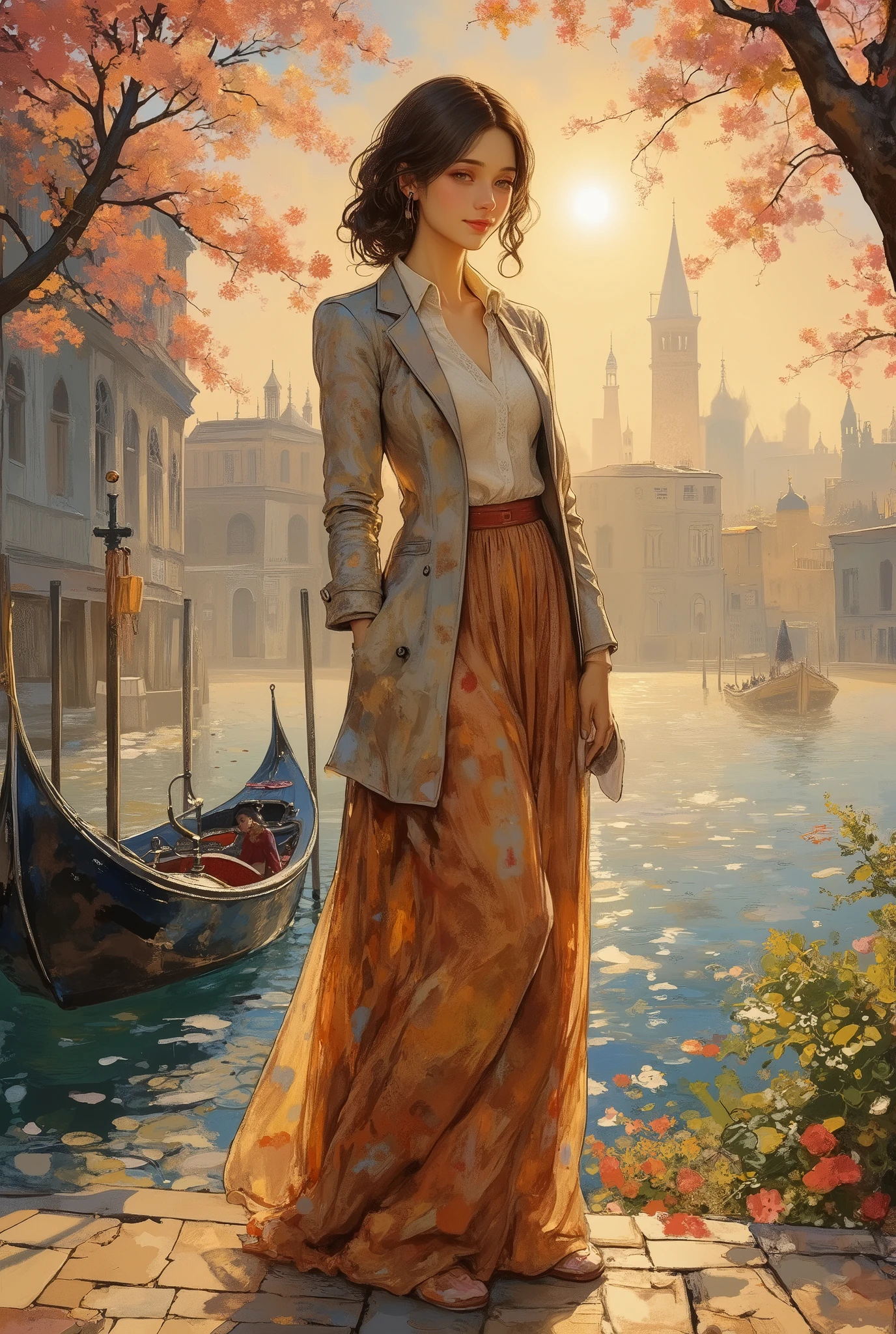 (8k, top quality, Masterpiece , Final Fantasy Style: 1.2),Impressionist paintings, landscape paintings, pointillism, paintings influenced by Seurat, Venice in early spring, St. Mark's Square, canal, gondola, Venice in fog, thick morning mist, quiet dawn, twilight canal, soft morning sun, beautiful woman in long skirt and long coat smiling with morning sun on her face, (full body close up:1.4)