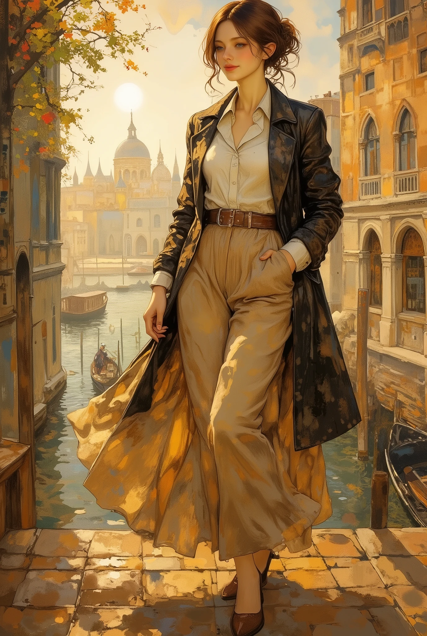 (8k, top quality, Masterpiece , Final Fantasy Style: 1.2),Impressionist paintings, landscape paintings, pointillism, paintings influenced by Seurat, Venice in early spring, St. Mark's Square, canal, gondola, Venice in fog, thick morning mist, quiet dawn, twilight canal, soft morning sun, beautiful woman in long skirt and long coat smiling with morning sun on her face, (full body close up:1.4)