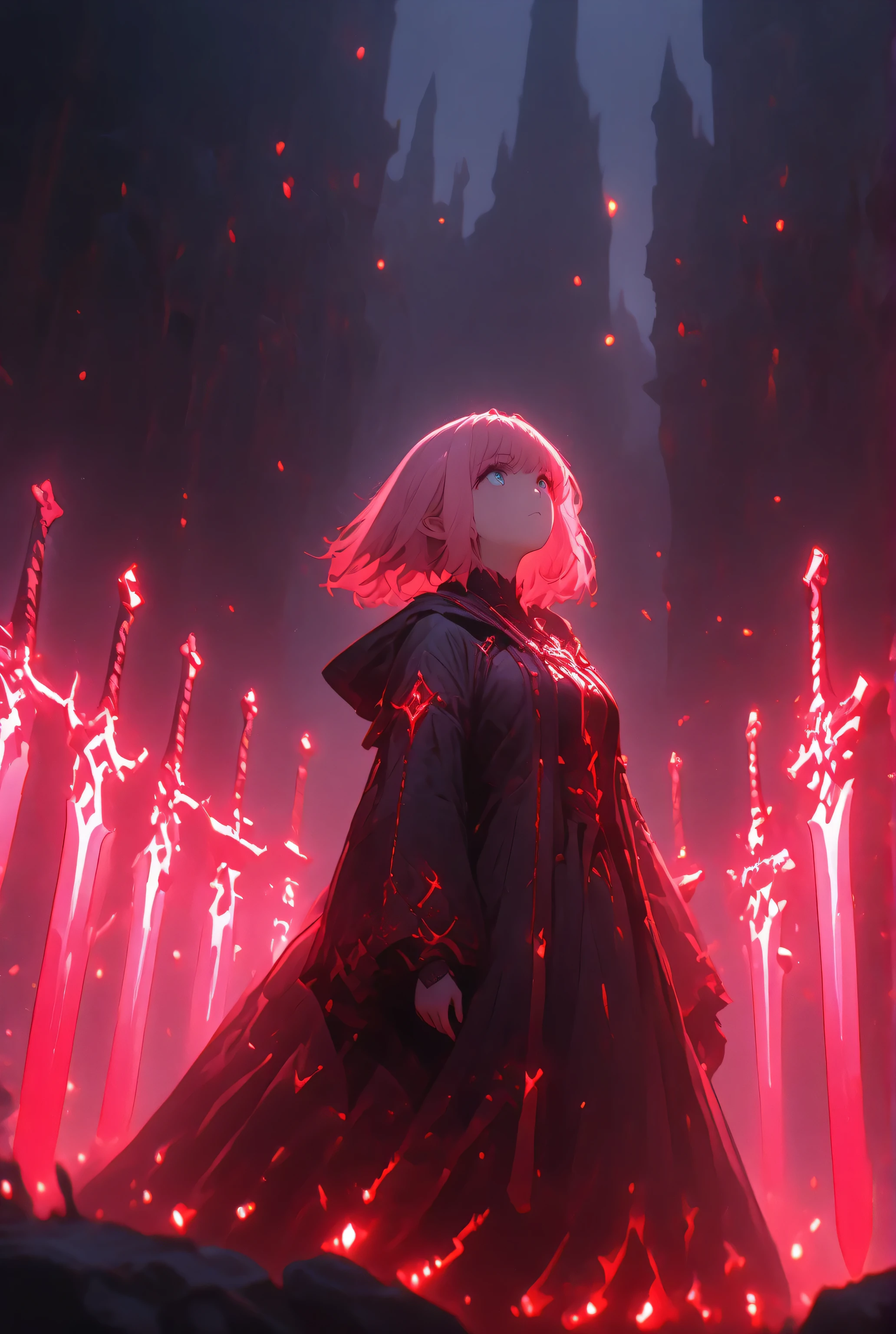 The dynamic scene captures,
the instant energy sparks as a woman with pink short hair and blue eyes,
launches a thrusting attack with a great sword that is covered in black flames,
The black flames surrounding her greatsword give it an eerie glow,dark fantasy, sword dance,