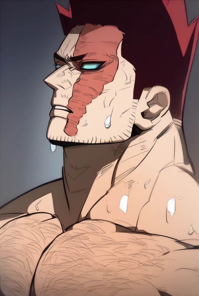 Endeavor, short hair, muscle, shirtless, sweaty, empty eyes, dazed expression, blank stare, hypnotized, brainwashed, hairy chest