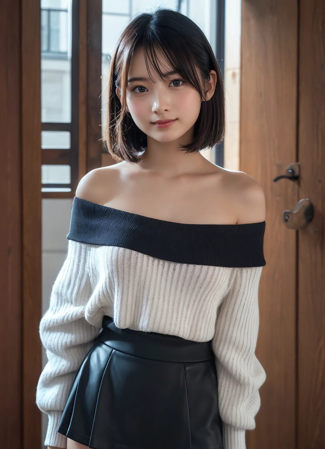 (masterpiece:1.3), (8K, 真实感, Original photography, Top image quality: 1.4), Japanese high school girl、(random hair style:1.2)、cleavage:1.2、Super detailed faces、Eye of detail、二重まぶた、Bring your chest together、tack sharp focus:1.2、Pretty Women:1.4、Light brown hair、top-quality、masterpiece、超高分辨率、(真实感:1.4)、Highly detailed and professional lighting smile、Loose and lightweight knitwear、shoulders outward、Elongated、serious face expression、short detailed hair、Fatal position、Sit Pose、sitting in the couch、(knee shot)