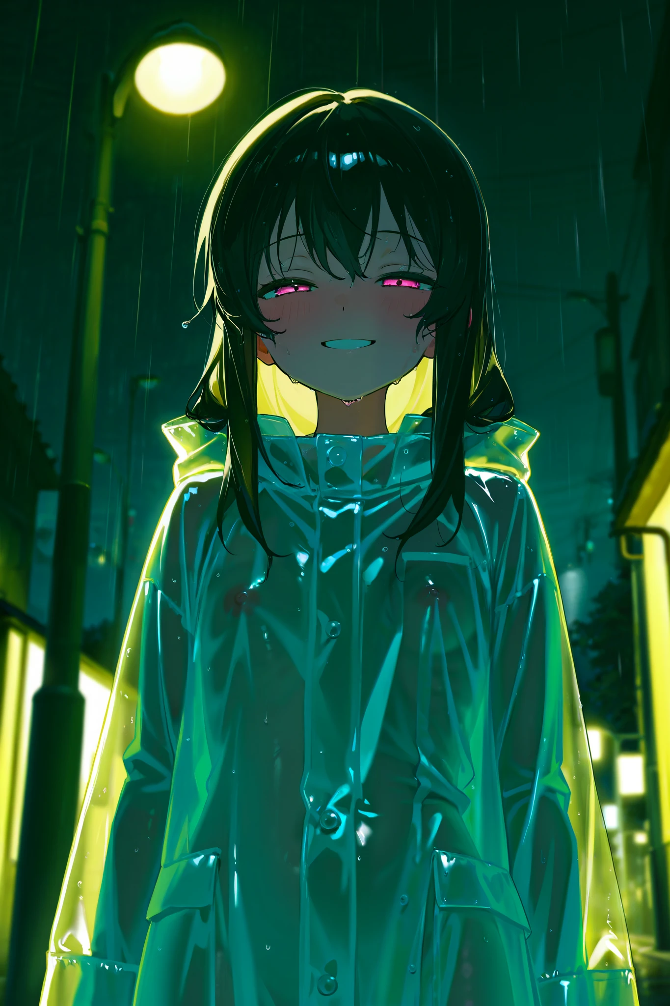 1 ite body, short, young, transparent rain coat, blushing, smiling, wet, dark background, grinning, nipple, yellow light, night, streetlamp, pink eyes, half closed eyes, black hair, long hair
