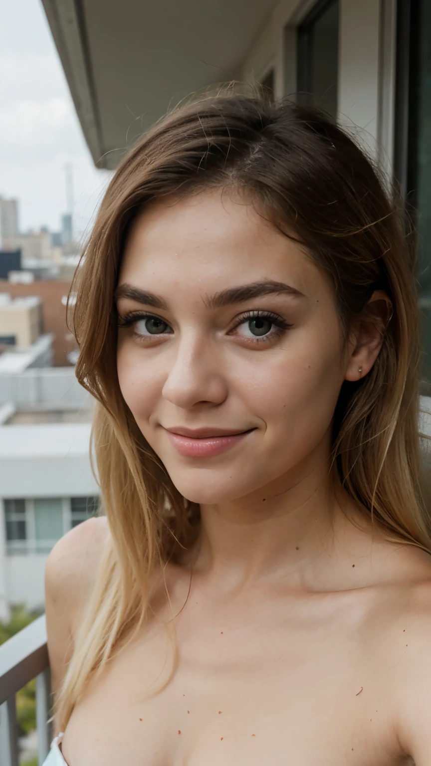  A stunning Brazilian woman with blond hair,  big green eyes , long eyelashes,  eyebrow drawn , On the balcony of the building,  taking a selfie ,  she looks at the camera with a shy smile holding the camera with both hands 