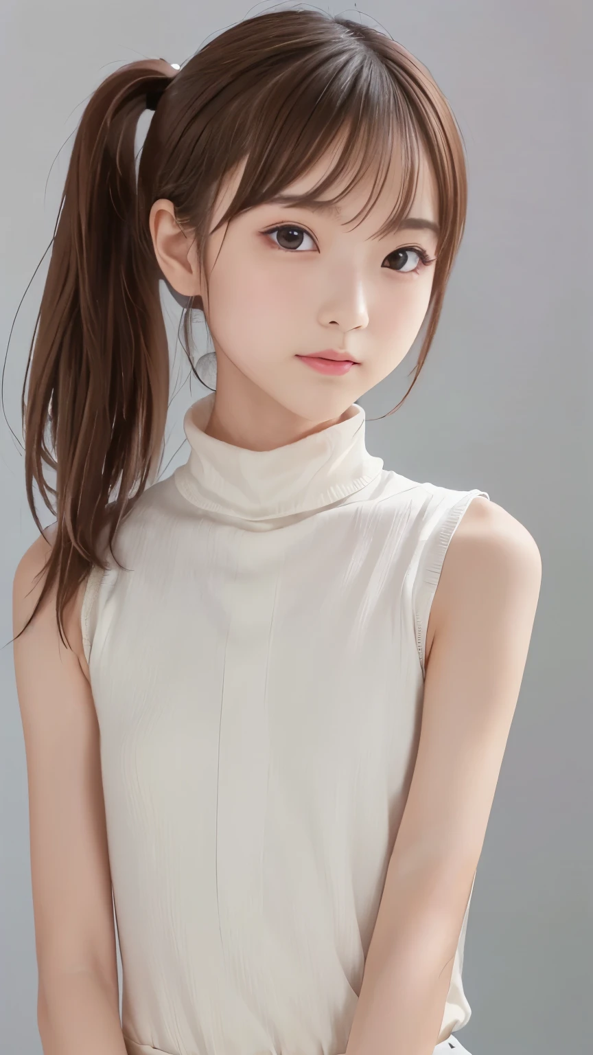 (close up:1.2),masterpiece, High resolution, Portraiture, Highest quality, High resolution,
(1 girl:1.3), Realistic, alone, Wearing a white oversized sleeveless T-shirt and a mini skirt,  Daytime shopping, street, city
, Side view, Cool and cute,
(Long lightning bolt single ponytail black hair),
((Japanese idol slim face)),((Cool Slim Eyes:1.5)),((Height 150cm,Weight 29 kg,60cm,50cm,Height: 65cm)),
((Thin body,The body is slim,Flat Lasping Body,Delicate body))