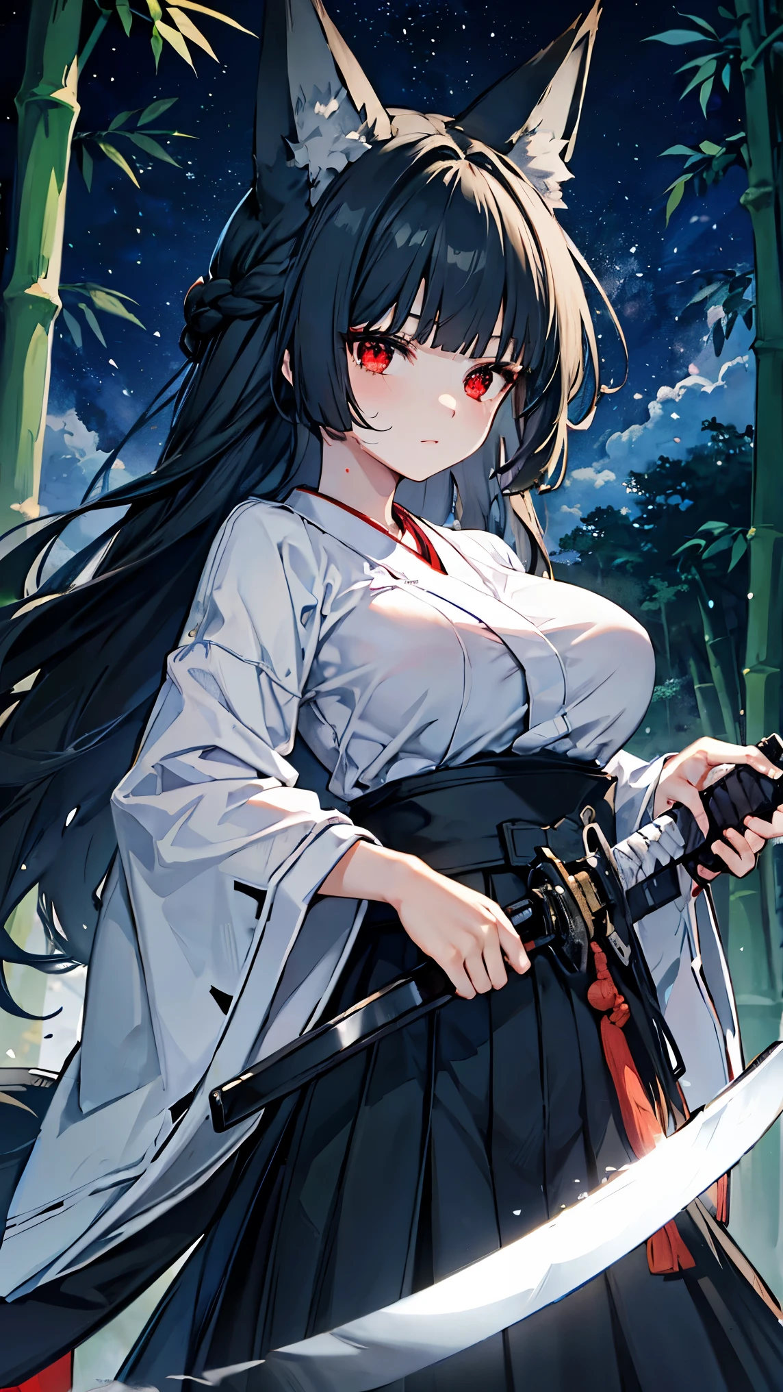 best quality 、、(Whitening skin)、 black hair, long hair, red eyes, fox ear,Petite、 slender,, kimono,, big breasts, slender, sweaty,, samurai, Japanese Knife ,sword,Hakama,Night Sky,bamboo forest,battle