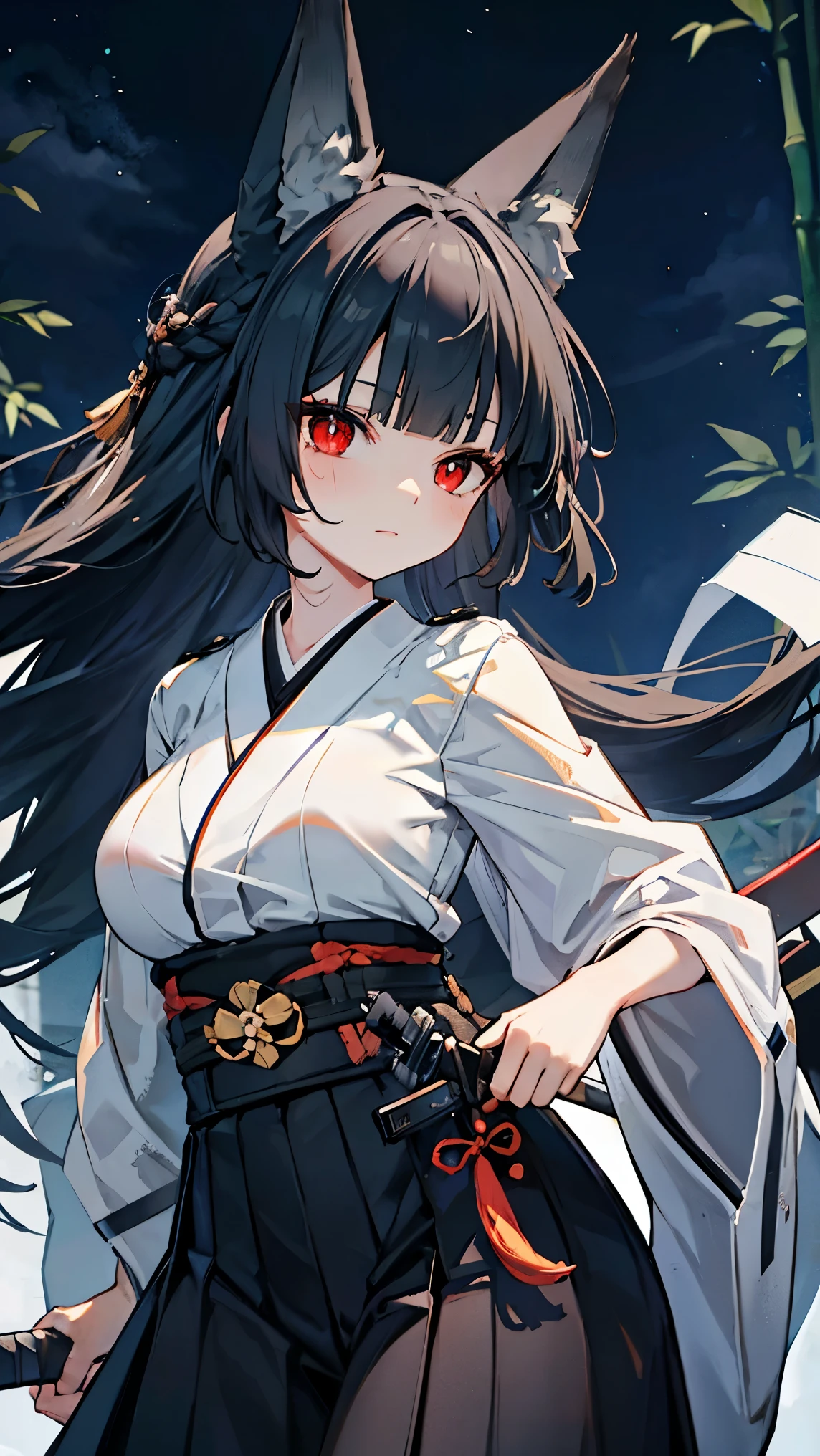 best quality 、、(Whitening skin)、 black hair, long hair, red eyes, fox ear,Petite、 slender,, kimono,, big breasts, slender, sweaty,, samurai, Japanese Knife ,sword,Hakama,Night Sky,bamboo forest,battle