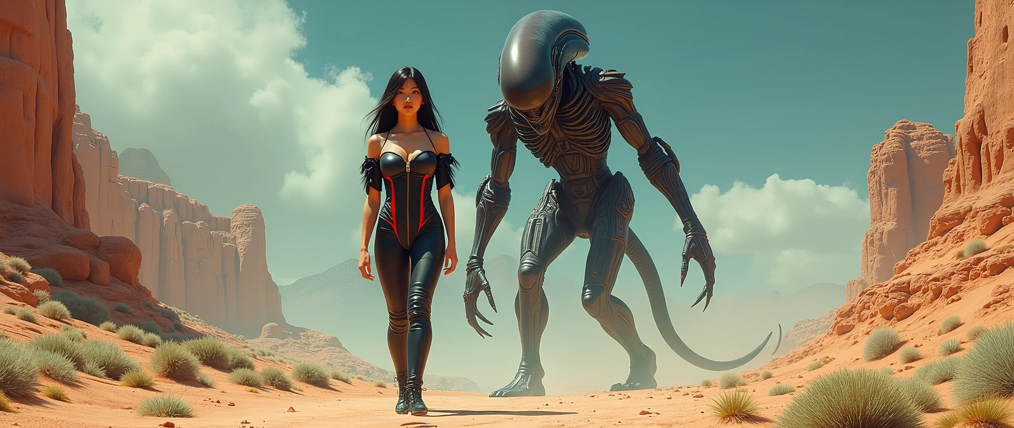 Japanese girl in a space suit, about 18 years old, wearing black leather with red trim, tight, long hair, she is walking with a xenomorph, alien desert oasis, misty, scary, but the girl feels safe, xenomorph is her pet and friend, classic fumetto style, Frazetta, Italian horror/sci-fi aesthetic, lurid and vivid colors, technicolor tradition, intricate, detailed, very sexy, her space suit is unzipped, sexy ass shot