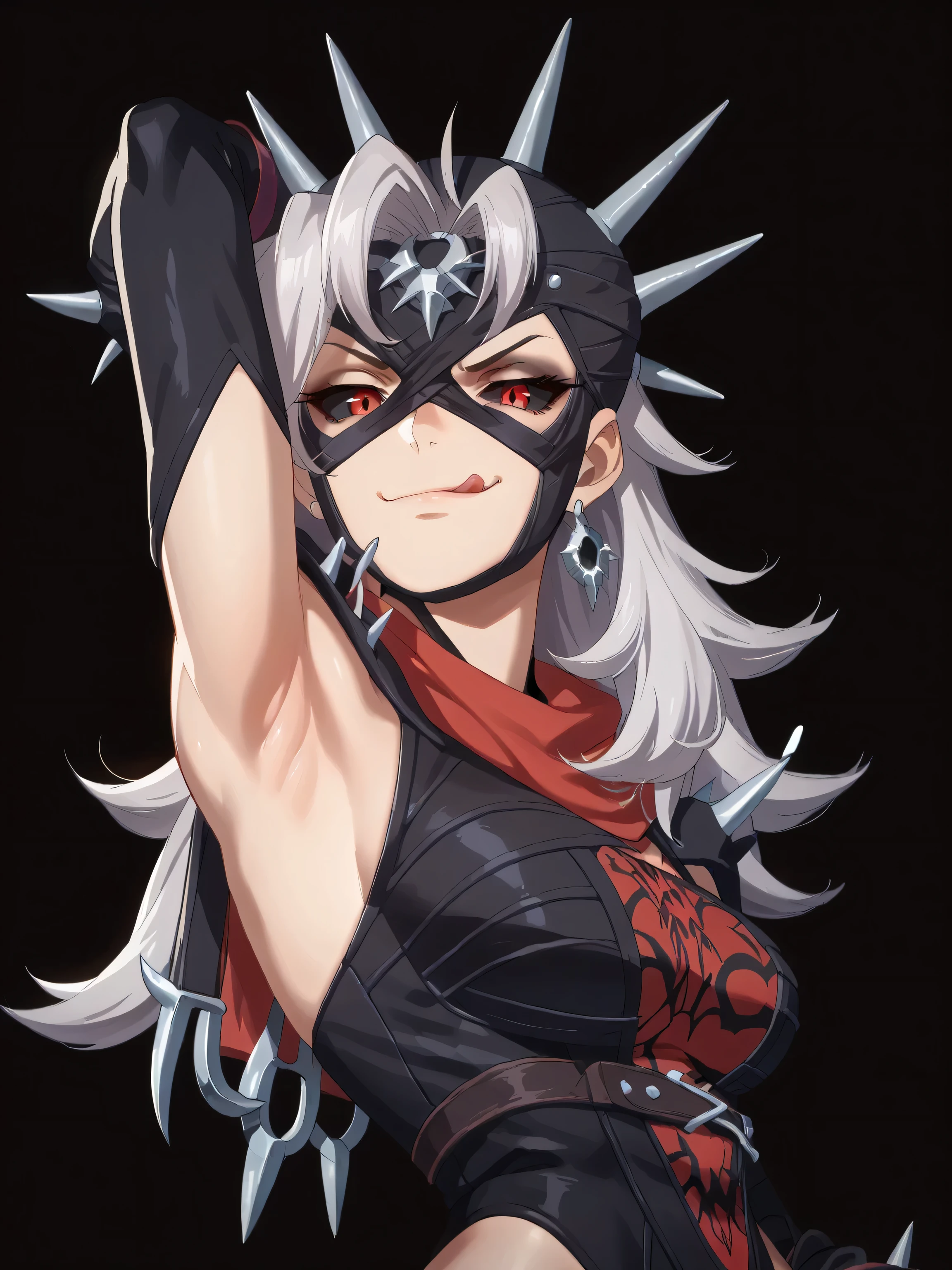 score_9, score_8_up, score_7_up, source_anime, anime screencap, 1girl, solo, Malice_(Character), Malice_outfit, female, red eyes, black Sclera, mask, spikes, leotard, black elbow gloves, arm behind head, armpit, looking at viewer, head towards viewer, evil smile, smug, licking lips, closed mouth, badhandv4, from side, from below, black background