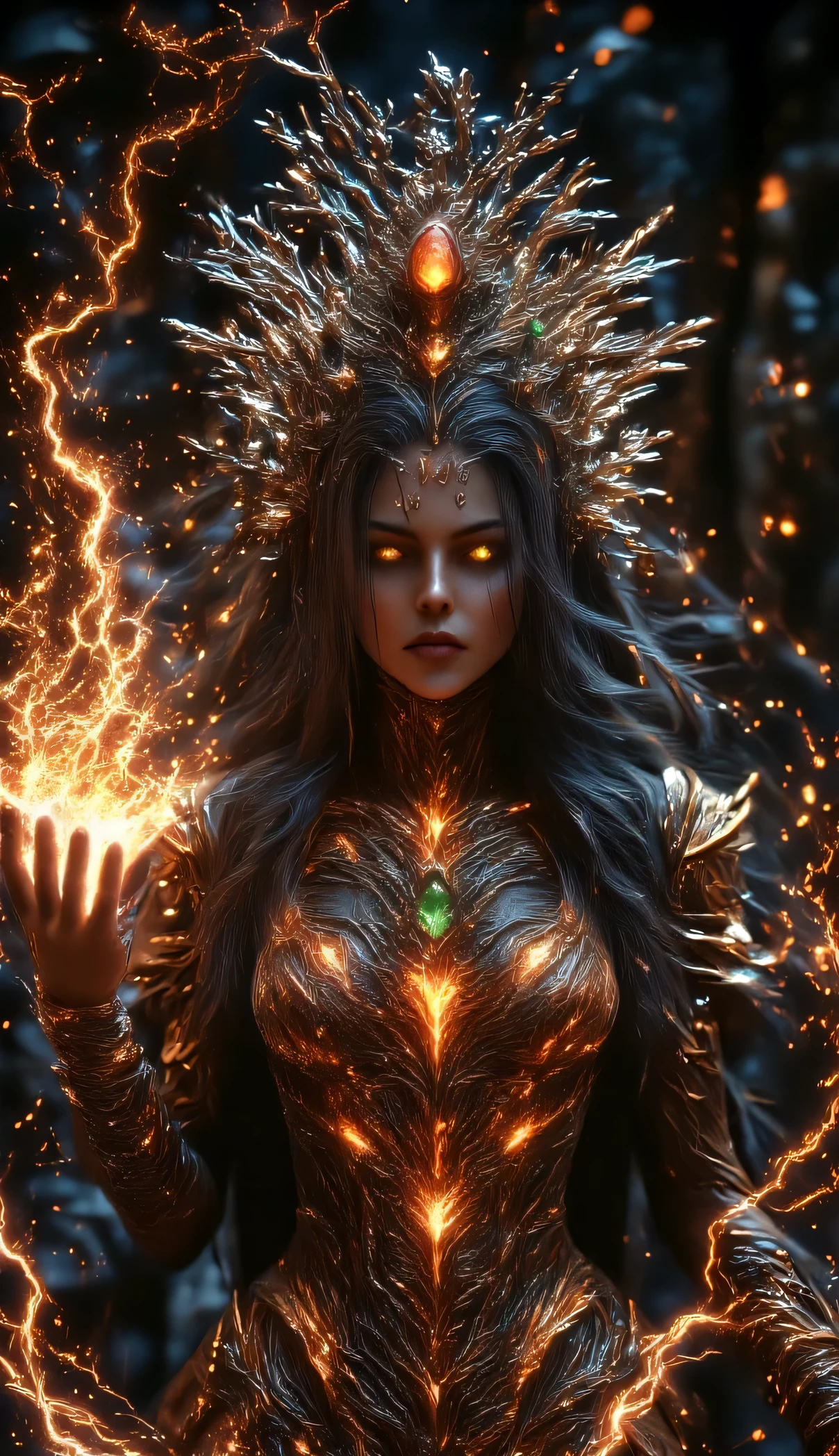  A striking female figure emerges from the darkness , mesmerizing yet terrifying .  Her form appears to be made of molten gold and black stone with an intricate design that flows seamlessly from armor to skin .  Fiery eyes burn with intense intensity haunting .  A crown of twisted branches and golden spikes decorated with large glowing emeralds rests above his head.  Long, wavy hair flows around her ,  illuminated by a magical fire floating nearby .  These coals create a halo of light ,  emitting a subtle light on her armor .  The background exposes a dark forest shrouded by blazing sparks and flying foliage .  She stands as a beacon of beauty and terror ,  embodies ancient magic and unbridled power as the enchanted queen of the jungle 