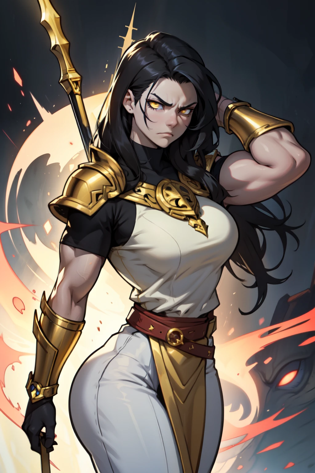 (High resolution, Pixels are perfect, luxurious illustration), (hyper quality, masutepiece, Ethereal: 1.4),(Solo:1.4), Black hair, ((Very short hair)), (Yellow eyes), ((angry)), pale skin, (((((((muscular))))))), ((thick thighs)), ((Huge breasts)), (((Woman))), ((((A MILF)))),  ((nffsw_Chi_armor)), (((wide hips))), ((greybackground)), (Shiny skin), ((Overexposure)), (((squatting and spread legs))), {facials}, {{blush}},