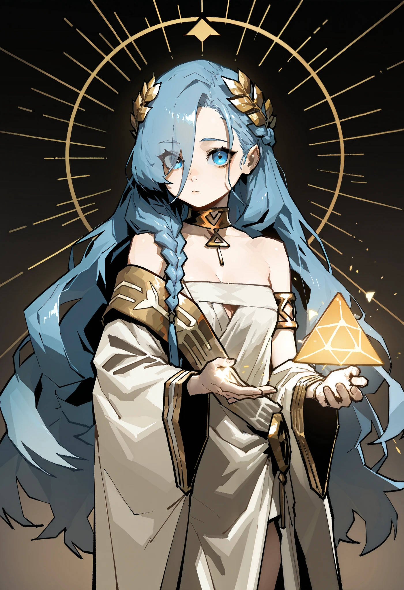 by gogalking, magic, geometric shapes, 1girl, solo, blue hair, curly hair, braid, long hair, blue eyes, eyes visible through hair, laurel crown, armlet, ancient greek clothes, greco-roman clothes, jewelry, gold choker, skinny, small breasts, bare shoulders, wide sleeve, cleavage, toga, standing, looking at viewer, black background, masterpiece, best quality, amazing quality, very aesthetic, high resolution 