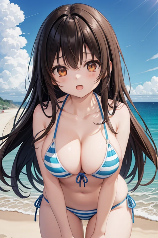 masterpiece, best quality, highres, hmjy1, long hair, blunt bangs, solo, 1girl, Chiaki Matsushita, navel, brown hair, ((ultra micro bikini)), outdoors, tongue, armpits, tongue_out, beach, blush, areola_slip, day, sitting, wet, ocean, ahegao, sky, thighs, water, blue eyes, arms_up, open_mouth, spread_legs, blue_sky, bangs, cloud, arms_behind_head, collarbone