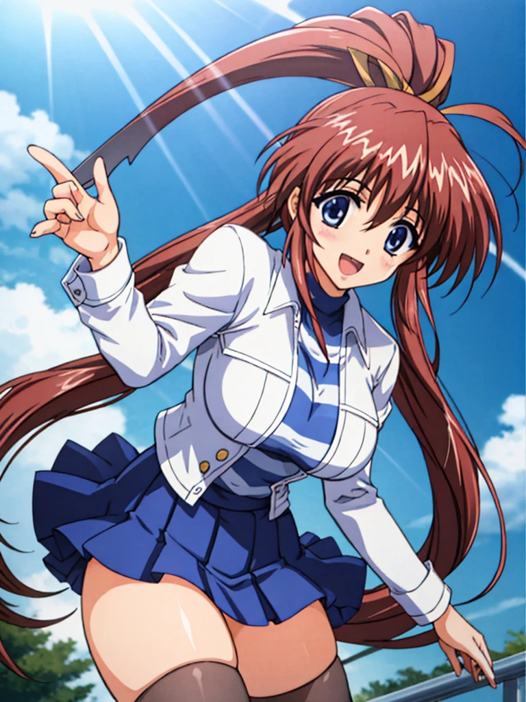 (Anime artwork, Anime Style, Studio Anime, Very detailed, Latest, Vibrant, Anime Coloring Book, High Contrast, masterpiece:1.2, Highest quality, Best aesthetics), (Beautiful and detailed:1.2), Aoi Tennis, 1 personで, 1 person, (cheerleader:1.3), (pleated skirt:1.3),(stripe crop top:1.2), sleeveless shirt, large breasts,(under boob:1.1),miniskirt, thighs,short hair,two side up, hair ornament, holding pom poms,(panties,cameltoe:1.1),(sweat:1.1),Wet,smile,open mouth,(dancing,outdoors:1.3), It's not a tennis uniform., It's not a leotard., Not a swimsuit, blush, Lips parted, Looking at the audience,Dynamic Angle, Asymmetrical bangs, Perfect Proportions, Skin with attention to detail, cute, Detailed face,