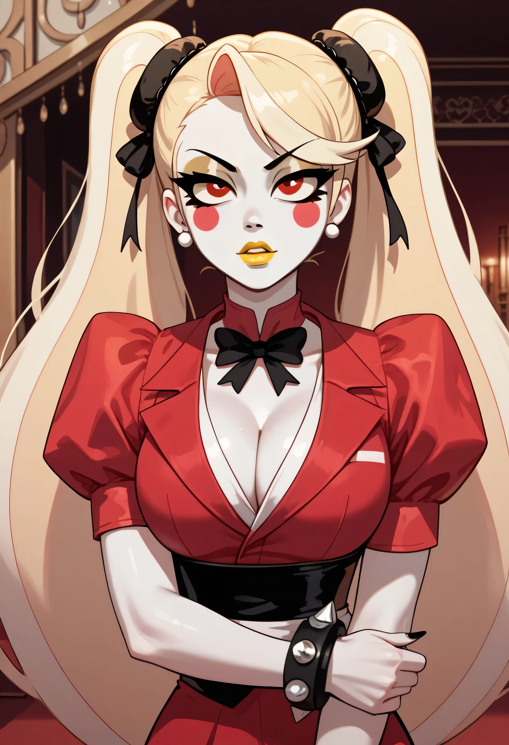 woman, big breasts, yellow lipstick, anime style, white skin, blonde hair, red eyes, Chun-li cosplay, pigtails, Charlie Morningstar, Hell, Hotel