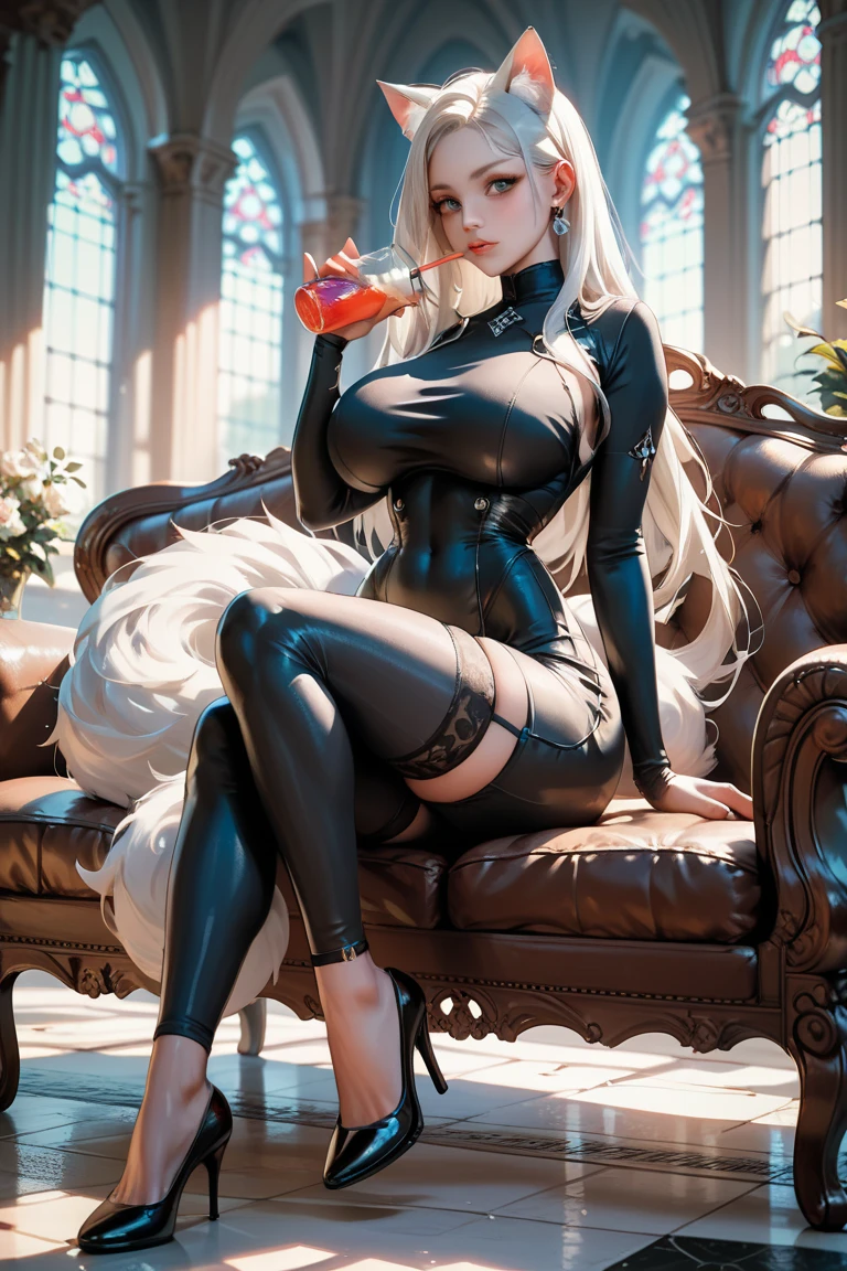 Elsa,cara, black lingerie, looking at camera, ponytail, blue eyes, (masterpiece, best quality, highres, absurdres, ultra-detailed:1.2), (detail skin texture, ultra-detailed body:1.1), RAW photo, (high detailed skin:1.2), 8k uhd, dslr, (large breast:1.4), full body, sitting on chair with open legs