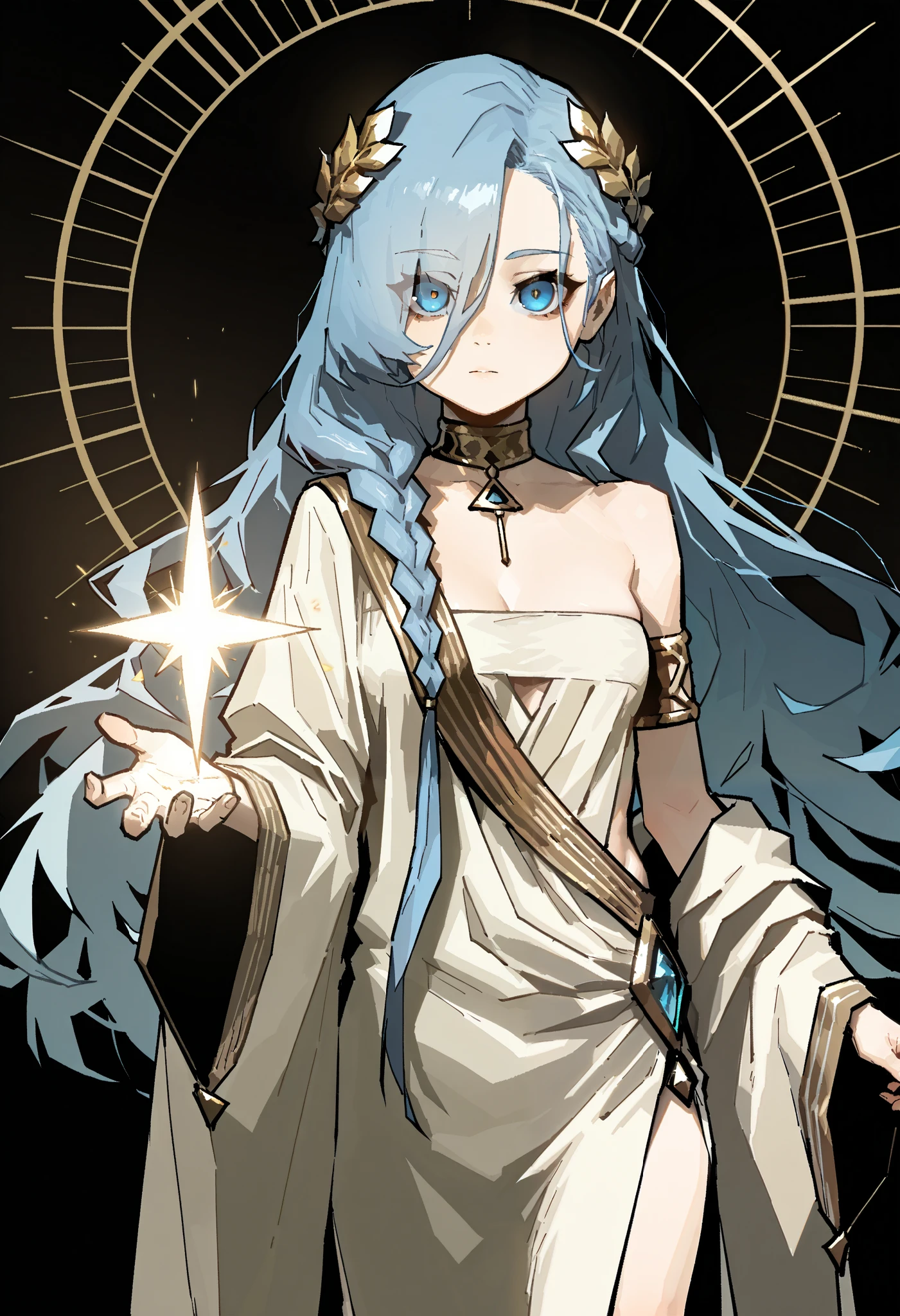 by gogalking, magic, geometric shape, tesseract, 1girl, solo, blue hair, curly hair, braid, long hair, blue eyes, eyes visible through hair, laurel crown, armlet, ancient greek clothes, greco-roman clothes, jewelry, gold choker, skinny, small breasts, bare shoulders, wide sleeve, cleavage, toga, standing, looking at viewer, black background, masterpiece, best quality, amazing quality, very aesthetic, high resolution 