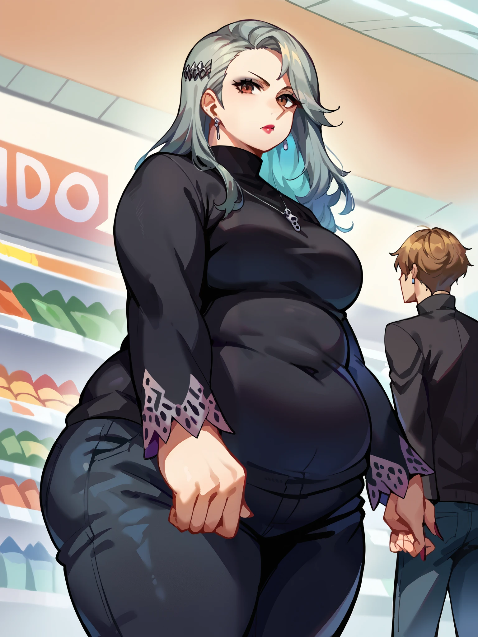 Score_9, score_8_up, score_7_up, score_6_up, source_anime, shopping mall background, low angle, from below, 1girl, score_9, score_8_up, score_7_up, source_anime, solo, 1girl, saeniijima, makeup, lipstick, expressionless, looking at viewer, standing, contrapposto, hair ornament, brown eyes, black jacket, long sleeves, black sweater, turtleneck sweater, black pants, earrings, necklace, 1boy, duo, larger_female, smaller_male, size_difference, standing, looking down, BREAK, chubby fat female, BREAK, fat, chubby, obese, fupa