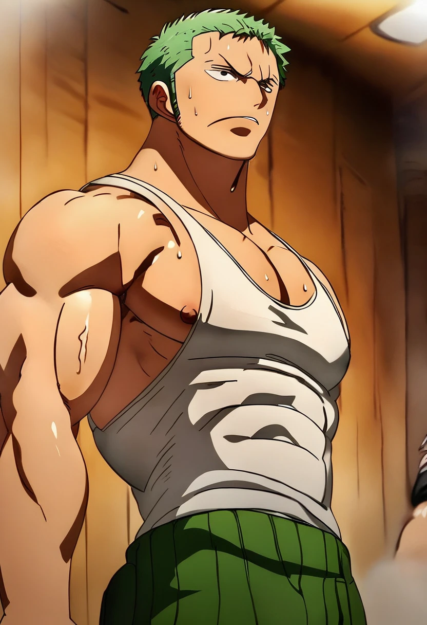 Roronoa Zoro standing in a sauna room, wearing a wrestling singlet, becoming a jock bodybuilder obedient to Coach, double biceps pose, muscular, muscles, broad shoulders, massive pecs, sweaty, blank eyes, hypnotized, brainwashed, focused, High Resolution