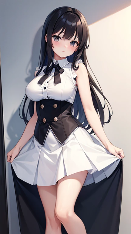 masterpiece, Highest quality:1.2),8k, 4K High Resolution, Super detailed, High-quality texture,High detail, High Quality Shadows, Beautiful and delicate face down to the last detail, Beautiful and delicate eyes、One Woman, alone,Shiny skin、Very large breasts、Very thick legs、Are standing、Composition from the front、smile、Look forward、Stand up straight,Looking into the camera、Draw a face、Golden eyes、Black Short Hair、Depth of written boundary、Black tight skirt、White sleeveless business shirt