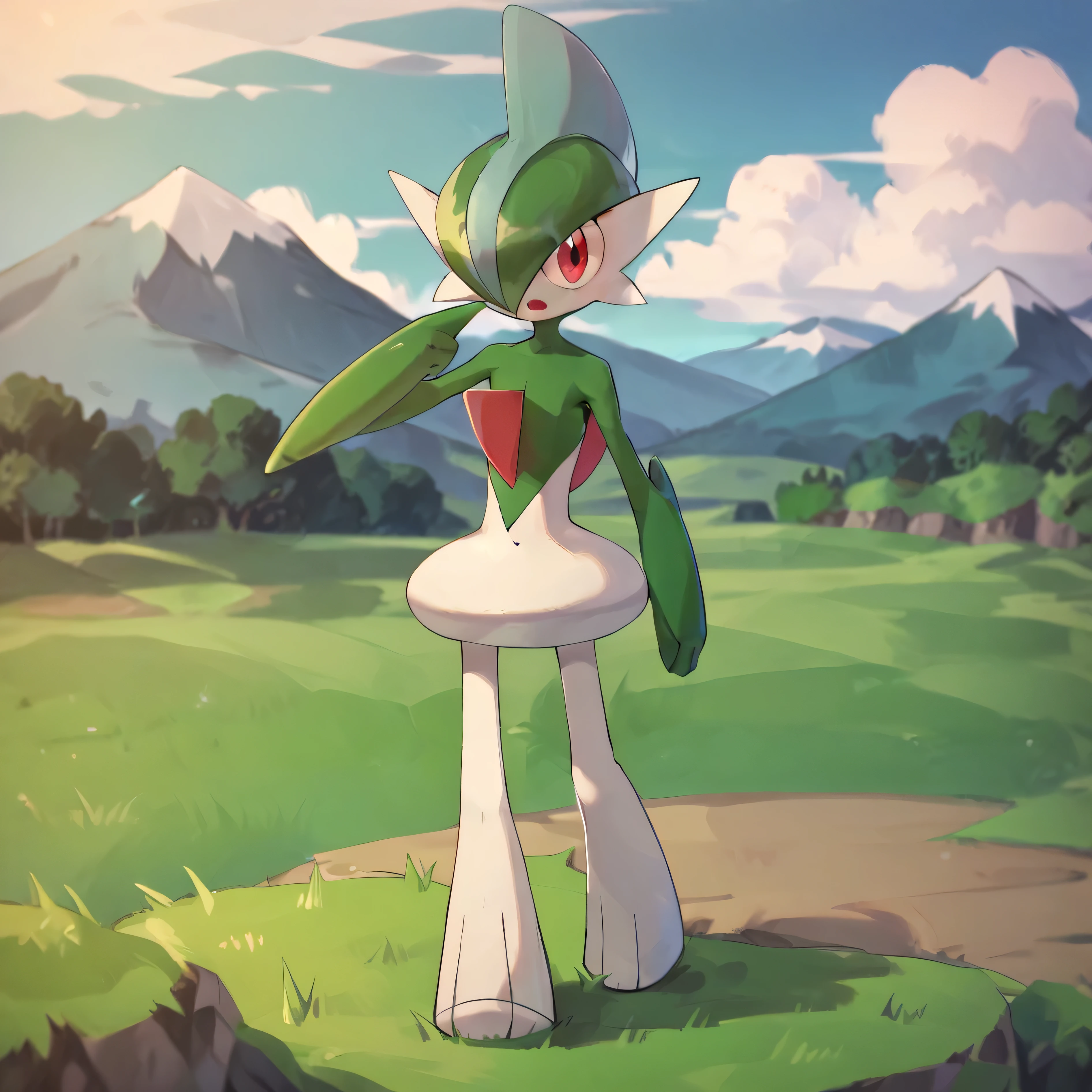 masterpiece, best quality, (highly detailed), score_9, score_8_up, score_7_up, full body shot, grassy field, mountains in background, gallade, 1boy, green hair, red eyes, red eye, one eye visible, head crest, green body, white body, pokemon (creature), looking at viewer, pointing up, surprised,