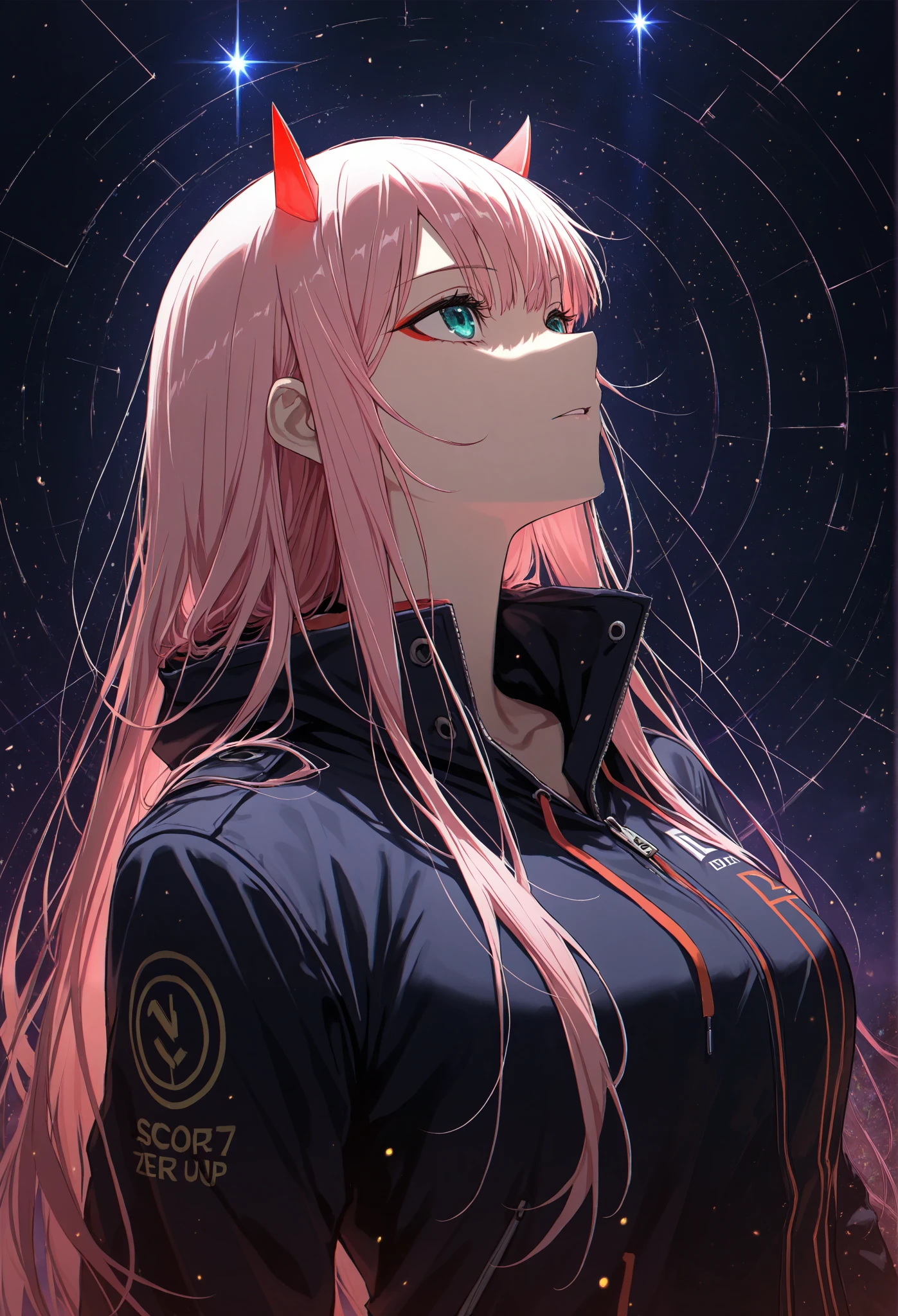 abstract, neon, masterpiece, best quality, very awa, zero two, epic, upper body, looking afar, celestial aura, dark, particles, fractal