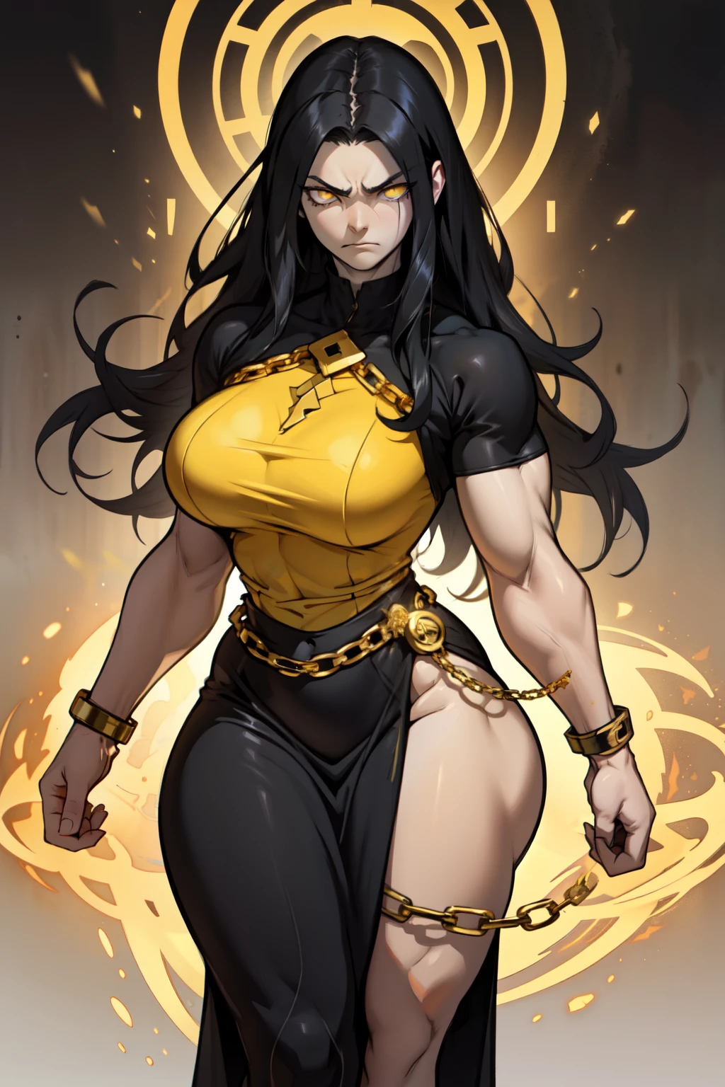 evil evil girl thick thick thick thick breasts huge muscles dark energy black hair yellow eyes pale skin huge gold chains huge gold chains