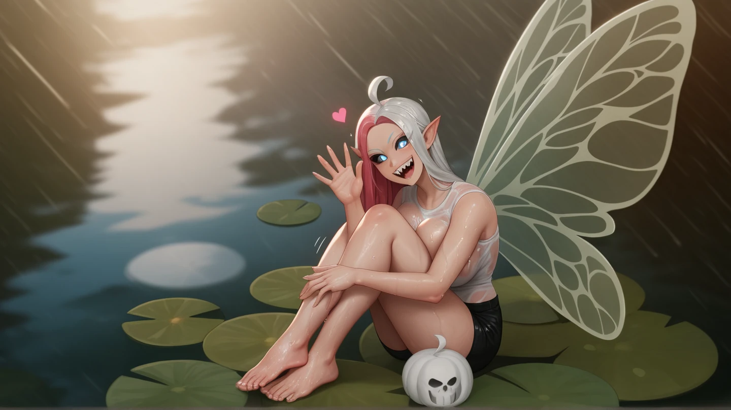 Naked old bent 80-year-old witch with evil laughter holding a rainbow crystal staff in a magical dreamy forest in shades of gray , legs wide apart, Pixar 3D анимация, High Details, High Resolution