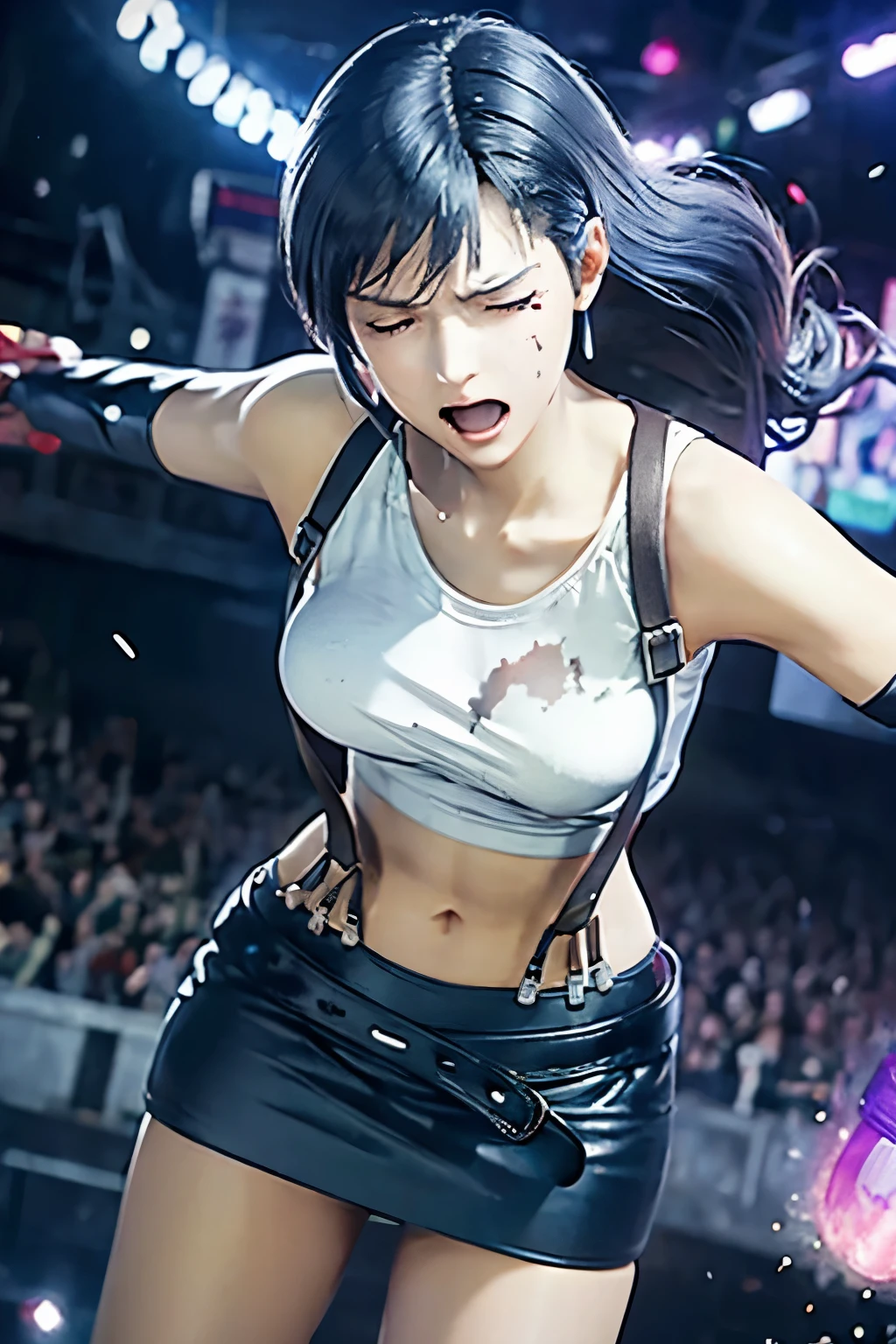 In a street fight、Two men and women fighting。A female street fighter is crying after being repeatedly punched by a man。Covered in bruises。Bloody。shortness of breath。Frightened expression。Running out of energy。Sweaty。Short black hair。Open Finger Gloves。Her chest is exposed。Denim shorts。Erect nipples。One eye closed。Leaning back。A man's fist hits a woman's face。