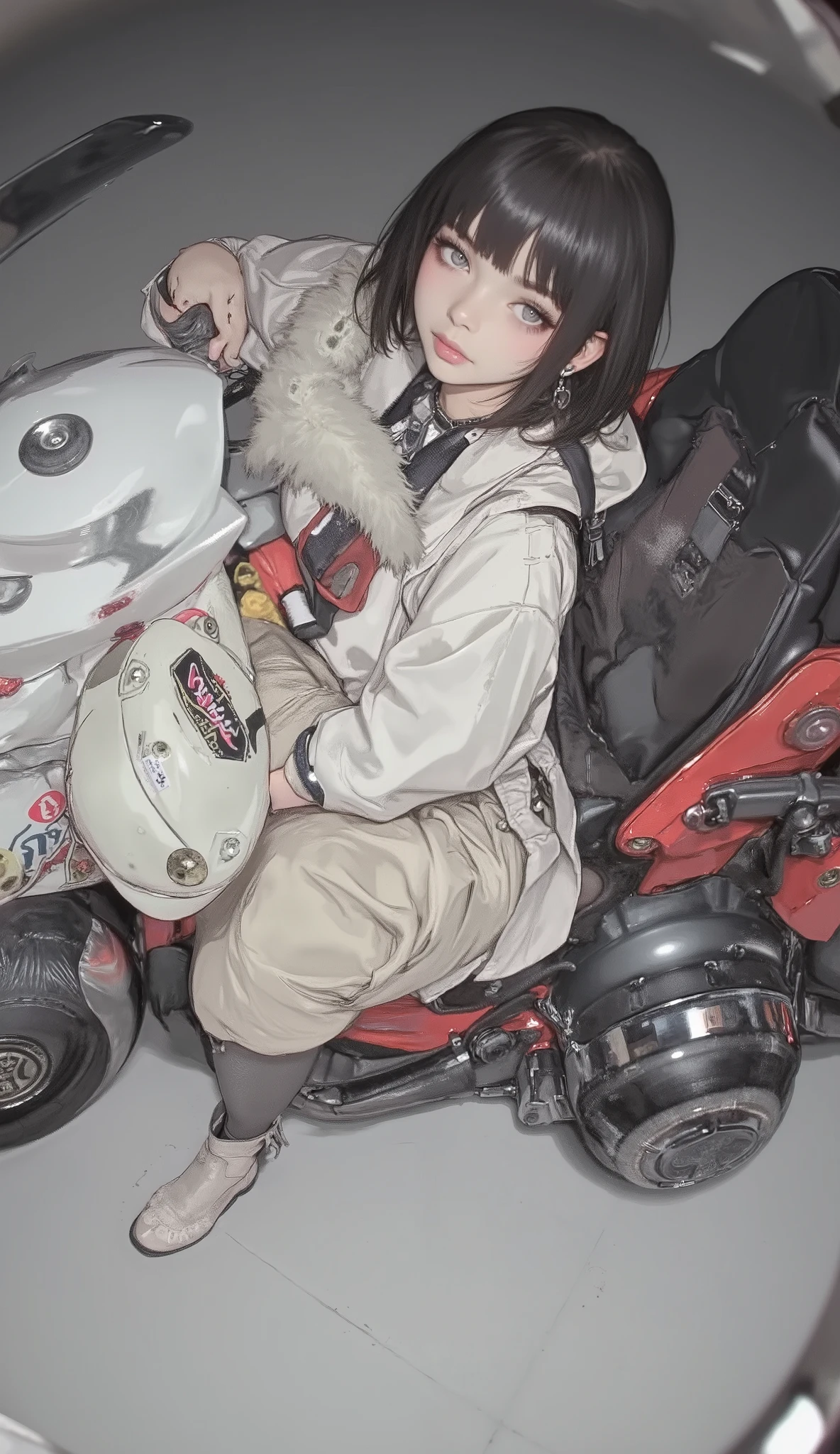 Wide angle shot with a fisheye lens 、 Beautiful Japanese high school girl with black hair short cut、 beautiful Japanese high school student in a white down jacket with a boa 、 Put your hands in your pocket、Chino pants、 White Boots、 simple background 、 Look Down、 high angle、 fisheye photography、 super face up looking at the viewer、akira bikeにまたがる