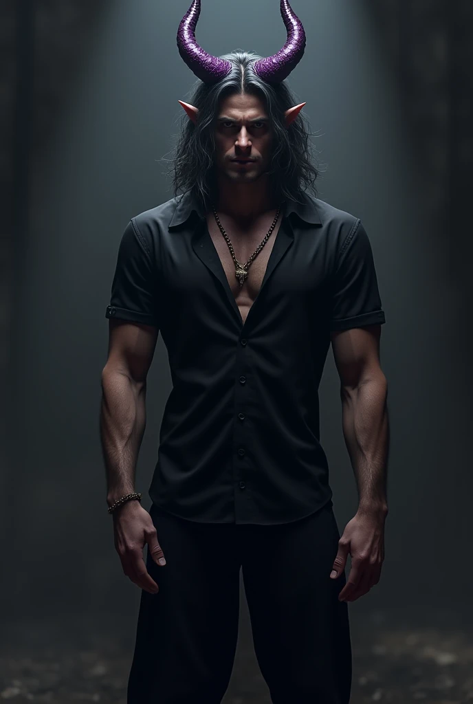 A sexy young male with teal blue eyes and long black hair, with nice and delicate facial features, he is wearing a black trench coat and shiny black leather jeans. His skin is pale and white. He has crown. He's towering over you. (Male) (no facial or body hair)) masterpiece, best quality, ultra-detailed, best shadow), (detailed background), (beautifully detailed face), high contrast, hyper detail, intricate details. (Purple) pretty handsome. (Hamster) malicious