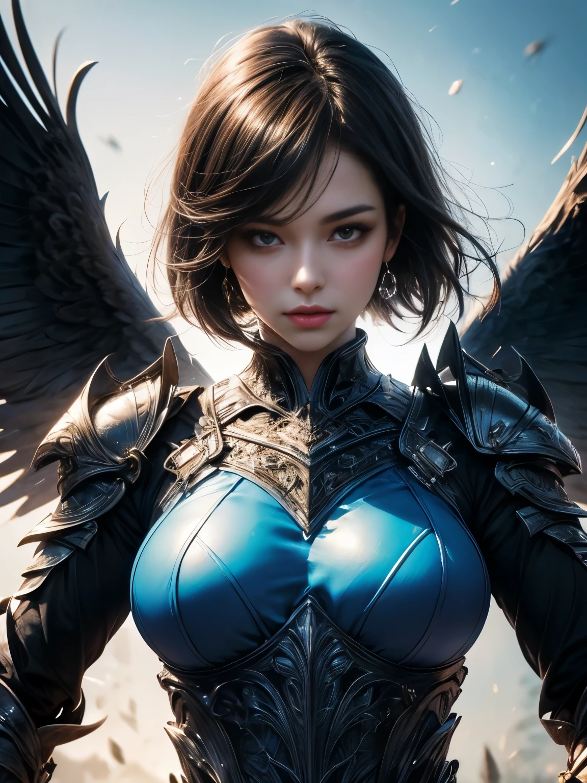 （（best qualtiy））， （（tmasterpiece））， （（Realistis））， （A detailed）， （realisticlying：1.5），illusory engine， (High detail: 1.9)，（femele：1.4），（big breasts beautiful： 1.4),(carismatic:1.3)， （Large breasts）， Female angel，Black feathered wings，beuaty girl，beauitful face， looking at viewert， dynamicposes， postapocalyptic， Destroyed city background， scientific fiction， hdr， Ray traching， NVIDIA RTX， Hyper-Resolution， Unreal 5， sub surface scattering， PBR textures， Post-processing， Anisotropic filtering， depth of fields， Maximum clarity and sharpness， trichotomy，8K original，（Luminous Particle：1.4），（VerydetailedCG，Unity 8k壁纸，cinmatic lighting，lens flare glow），Reflectors，Sharp focus，