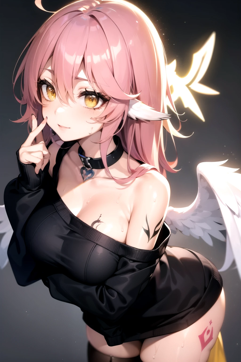 jibril, BREAK jibril, angel, angel wings, collar, animal ears, bird ears, compass rose halo, feathered wings, feathers, gradient hair, halo, long hair, low wings, multicolored hair, pink hair, symbol-shaped pupils, big breast, white wings, wing ears, wings, (yellow eyes:1.5), seductive look, seductive smile, Shiny skin, clothing. Big breast. Sexy, hot, attractive, alluring.
BREAK black thighhighs, (off shoulder, Black sweater:1.3), long sleeves , hot. Thigh tattoo, breast tattoos, (sweat:1.4). (Black tattoos:1.6).
BREAK (masterpiece:1.2), best quality, high resolution, unity 8k wallpaper, (illustration:0.8), (beautiful detailed eyes:1.6), extremely detailed face, perfect lighting, extremely detailed CG, (perfect hands, perfect anatomy), narrow eyes.