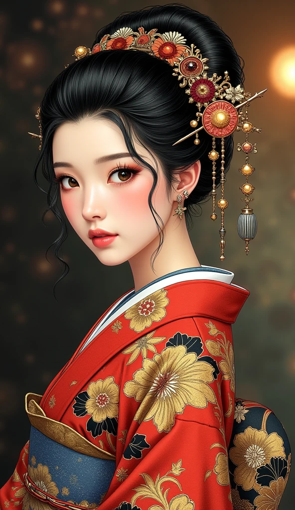 the proportions and detailed textures multicolored brushwork and softened with airbrush, a semi-realistic ink china illustration A sexy young teacher-type girl is shown (full body and in high quality) woman in traditional Japanese (western) attire. Her skin is pale, and her facial features are delicate, with a serene expression. Her hair is styled in an elaborate updo adorned with intricate hairpins and ornaments. The kimono she wears is richly decorated with floral patterns in shades of red, gold, and black, with layers of fabric visible, including a blue sash. The overall style is elegant and refined, capturing the essence of traditional Japanese art with a modern twist. The background is dark and blurry, which draws attention to the subject and gives depth to the illustration. very balanced saturation in the color palettes very defined (color with monochrome shading and shine tones of red 25% + yellow 25% + blue 25% + biofluorescent 12.5% + transparencias 12.5%. Aesthetic fusion by (Fibonacci ratio. female young girl she has a pink skin with white-grey tones that give contrast and shine character type. Fluid texture of fine, thin fabric that molds to your figure (her clothes with relief and folds give volume and depth to the character) style. Sharp Highly Detailed Soft Focus, Approaching Perfection, Full HD 8K, High and Low Angles. of milo manara, Gianni Versace, Coco Chanel, Alberto Vargas, Greg Rutkowsk art style