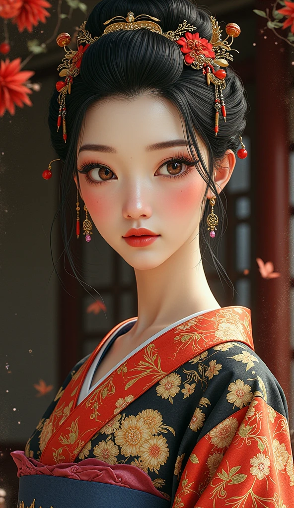 the proportions and detailed textures multicolored brushwork and softened with airbrush, a semi-realistic ink china illustration A sexy young teacher-type girl is shown (full body and in high quality) woman in traditional Japanese (western) attire. Her skin is pale, and her facial features are delicate, with a serene expression. Her hair is styled in an elaborate updo adorned with intricate hairpins and ornaments. The kimono she wears is richly decorated with floral patterns in shades of red, gold, and black, with layers of fabric visible, including a blue sash. The overall style is elegant and refined, capturing the essence of traditional Japanese art with a modern twist. The background is dark and blurry, which draws attention to the subject and gives depth to the illustration. very balanced saturation in the color palettes very defined (color with monochrome shading and shine tones of red 25% + yellow 25% + blue 25% + biofluorescent 12.5% + transparencias 12.5%. Aesthetic fusion by (Fibonacci ratio. female young girl she has a pink skin with white-grey tones that give contrast and shine character type. Fluid texture of fine, thin fabric that molds to your figure (her clothes with relief and folds give volume and depth to the character) style. Sharp Highly Detailed Soft Focus, Approaching Perfection, Full HD 8K, High and Low Angles. of milo manara, Gianni Versace, Coco Chanel, Alberto Vargas, Greg Rutkowsk art style