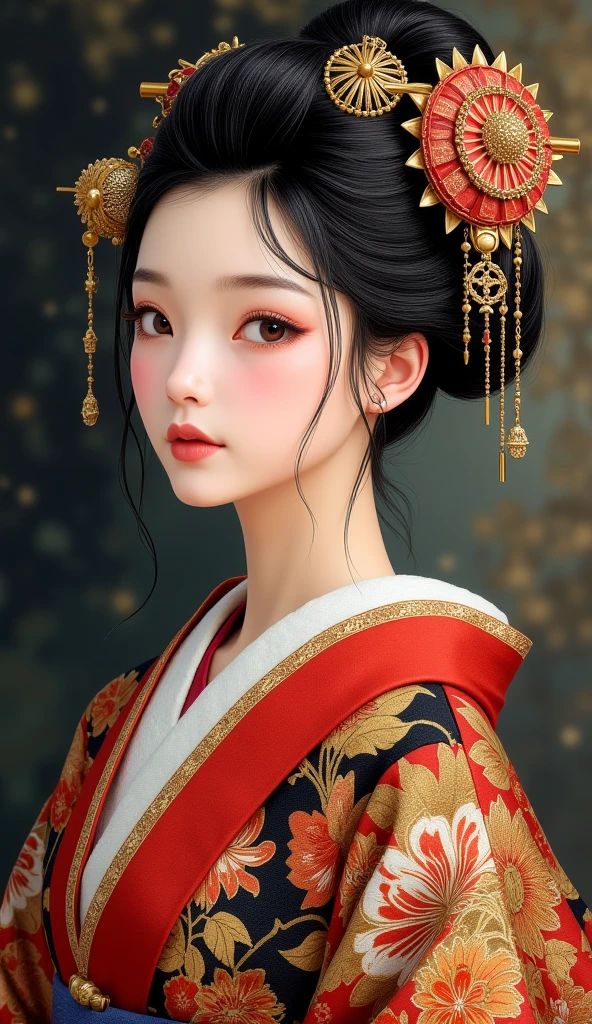 the proportions and detailed textures multicolored brushwork and softened with airbrush, a semi-realistic ink china illustration A sexy young teacher-type girl is shown (full body and in high quality) woman in traditional Japanese (western) attire. Her skin is pale, and her facial features are delicate, with a serene expression. Her hair is styled in an elaborate updo adorned with intricate hairpins and ornaments. The kimono she wears is richly decorated with floral patterns in shades of red, gold, and black, with layers of fabric visible, including a blue sash. The overall style is elegant and refined, capturing the essence of traditional Japanese art with a modern twist. The background is dark and blurry, which draws attention to the subject and gives depth to the illustration. very balanced saturation in the color palettes very defined (color with monochrome shading and shine tones of red 25% + yellow 25% + blue 25% + biofluorescent 12.5% + transparencias 12.5%. Aesthetic fusion by (Fibonacci ratio. female young girl she has a pink skin with white-grey tones that give contrast and shine character type. Fluid texture of fine, thin fabric that molds to your figure (her clothes with relief and folds give volume and depth to the character) style. Sharp Highly Detailed Soft Focus, Approaching Perfection, Full HD 8K, High and Low Angles. of milo manara, Gianni Versace, Coco Chanel, Alberto Vargas, Greg Rutkowsk art style