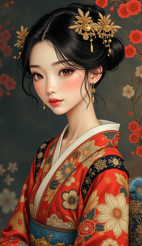 the proportions and detailed textures multicolored brushwork and softened with airbrush, a semi-realistic ink china illustration A sexy young teacher-type girl is shown (full body and in high quality) woman in traditional Japanese (western) attire. Her skin is pale, and her facial features are delicate, with a serene expression. Her hair is styled in an elaborate updo adorned with intricate hairpins and ornaments. The kimono she wears is richly decorated with floral patterns in shades of red, gold, and black, with layers of fabric visible, including a blue sash. The overall style is elegant and refined, capturing the essence of traditional Japanese art with a modern twist. The background is dark and blurry, which draws attention to the subject and gives depth to the illustration. very balanced saturation in the color palettes very defined (color with monochrome shading and shine tones of red 25% + yellow 25% + blue 25% + biofluorescent 12.5% + transparencias 12.5%. Aesthetic fusion by (Fibonacci ratio. female young girl she has a pink skin with white-grey tones that give contrast and shine character type. Fluid texture of fine, thin fabric that molds to your figure (her clothes with relief and folds give volume and depth to the character) style. Sharp Highly Detailed Soft Focus, Approaching Perfection, Full HD 8K, High and Low Angles. of milo manara, Gianni Versace, Coco Chanel, Alberto Vargas, Greg Rutkowsk art style