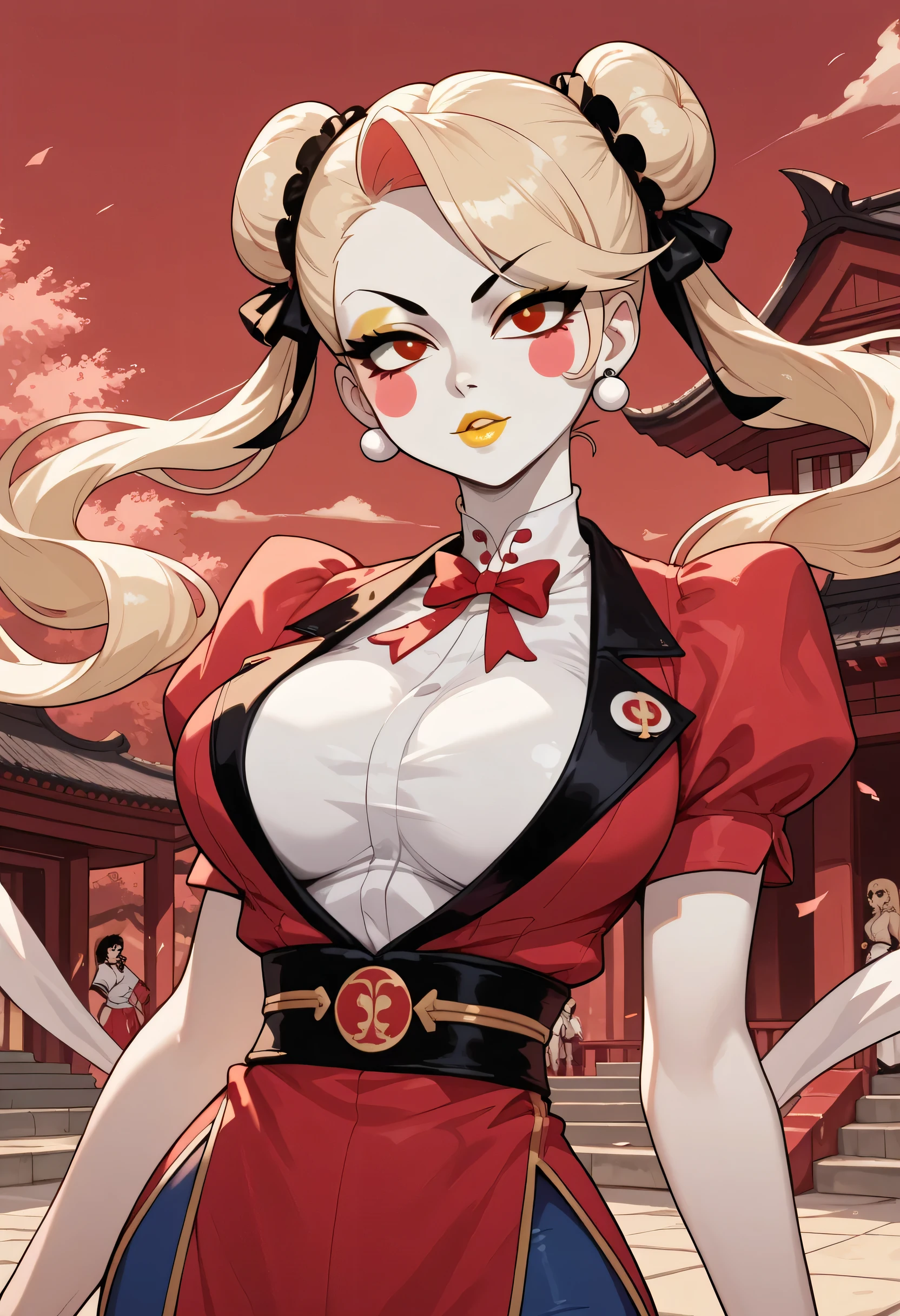 woman, big breasts, yellow lipstick, anime style, white skin, blonde hair, red eyes, Chun-li cosplay, pigtails, Japanese temple, red sky, Charlie Morningstar, Hell