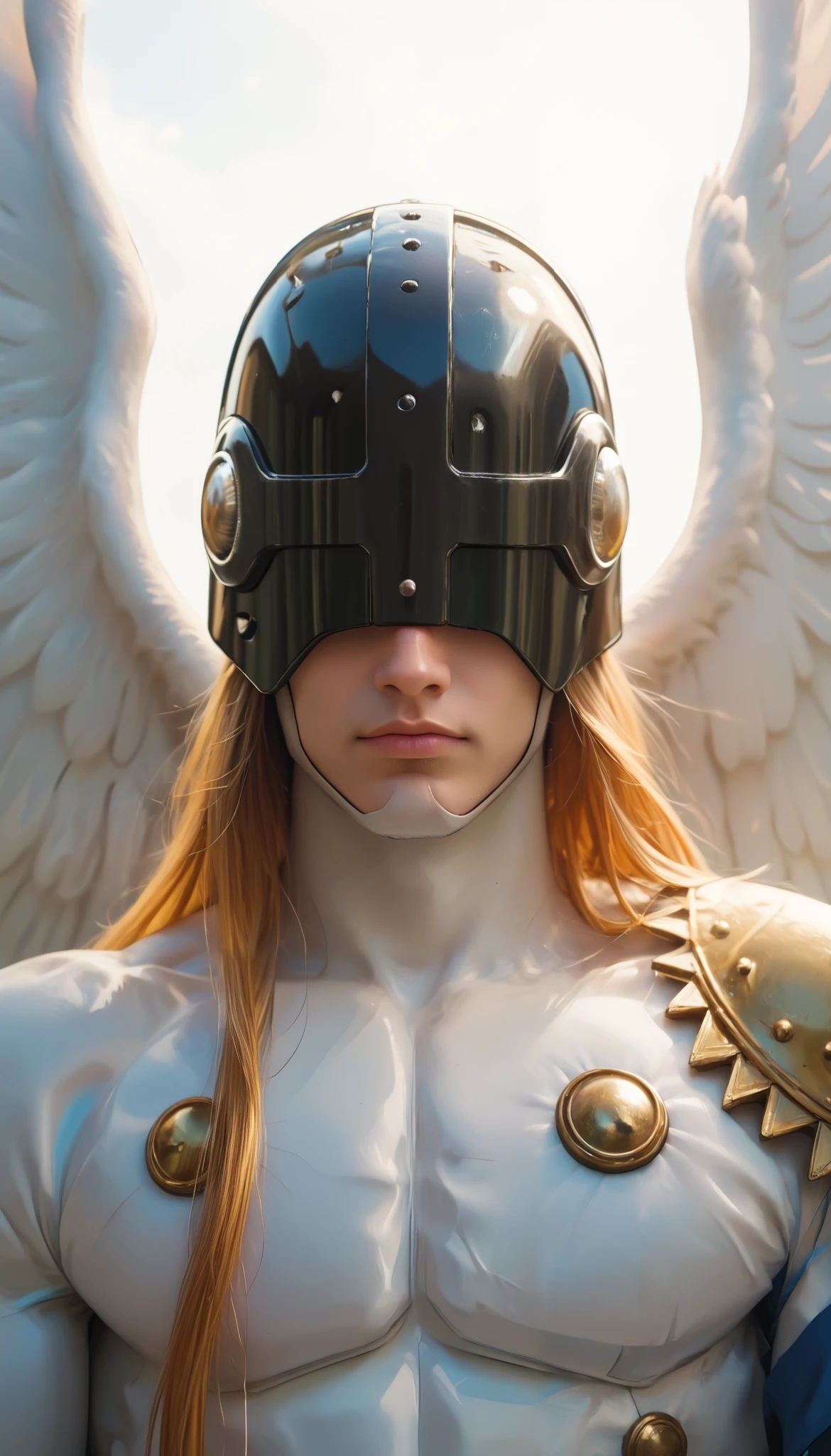Score_9,score_8_up,score_7_up, masterpiece, angemon, male focus, solo, 1boy, long hair, blonde hair, covered eyes, helmet, wings, standing, simple background, medium shot