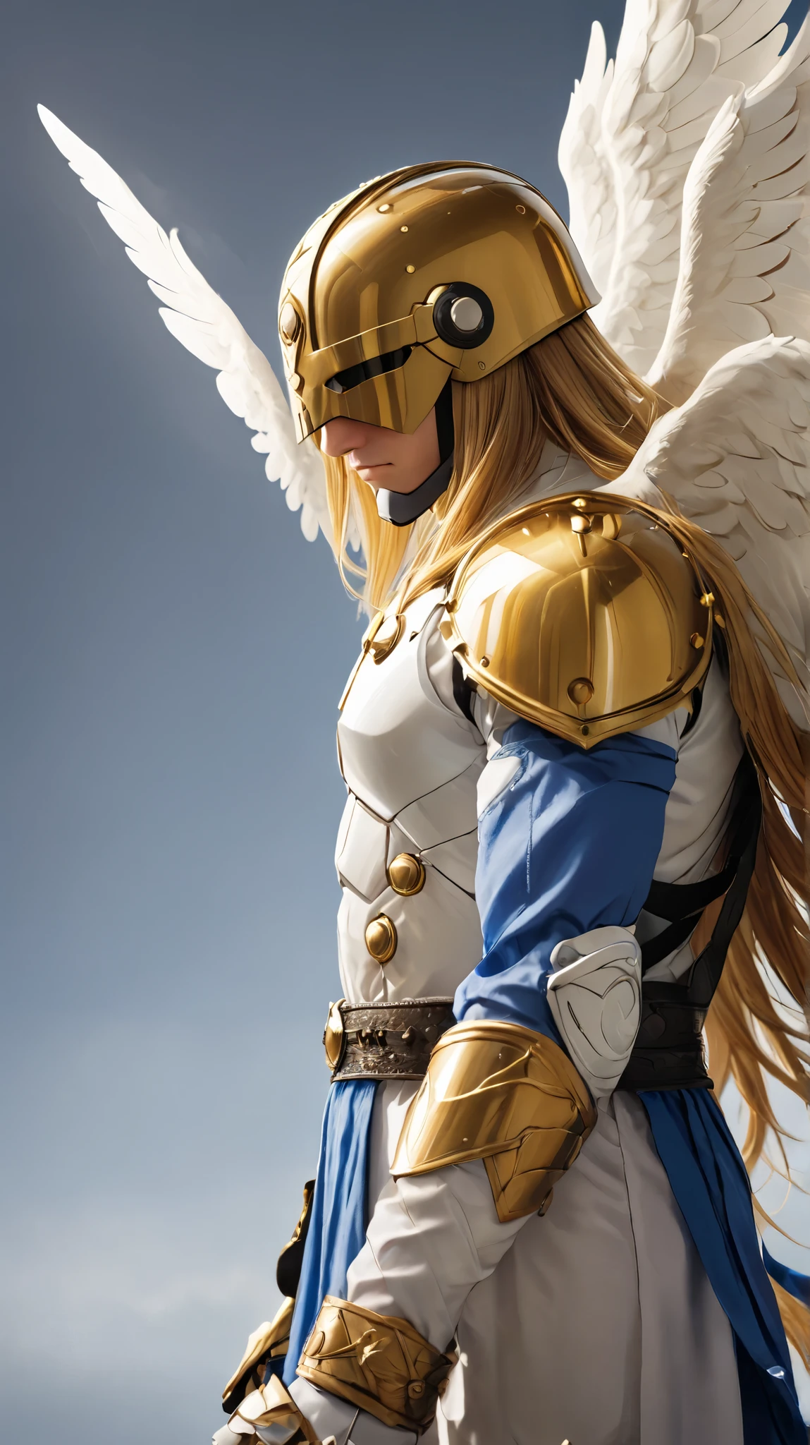 Score_9,score_8_up,score_7_up, masterpiece, angemon, male focus, solo, 1boy, long hair, blonde hair, covered eyes, helmet, wings, standing, simple background, medium shot