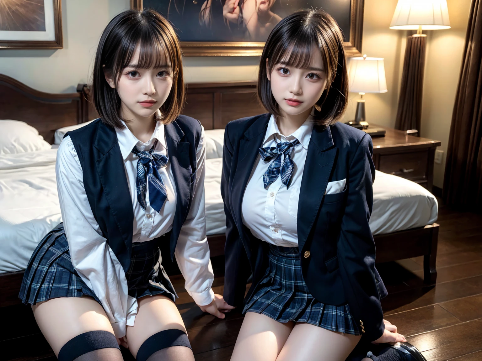 (8K, Raw photography, top-quality, masterpiece:1.2), master piece, best quality, illustration, Super detailed, fine details, High resolution, 8K,wall paper, perfect dynamic composition,(Details High quality, realistic depiction of eyes:1.3), ((2 girls, 2 schoolgirls)), The background is a luxury hotel room、High school girl uniform、blazer 、Super Short Check Uniform Skirt、Navy blue high socks、garterbelts、Colossal tits、Disturbed uniform, Play with each other,Touching each other's bodies,Touching the body of the girl next door, short bob hair, black hair color, huge breasts, Big Natural Color Lip, bold sexy pose, (perfect body shape), crying a little、cold gaze, Beautiful makeup,glitter makeup,Cutest 18 years old, beautiful legs, hposing Gravure Idol, Voluptuous thighs